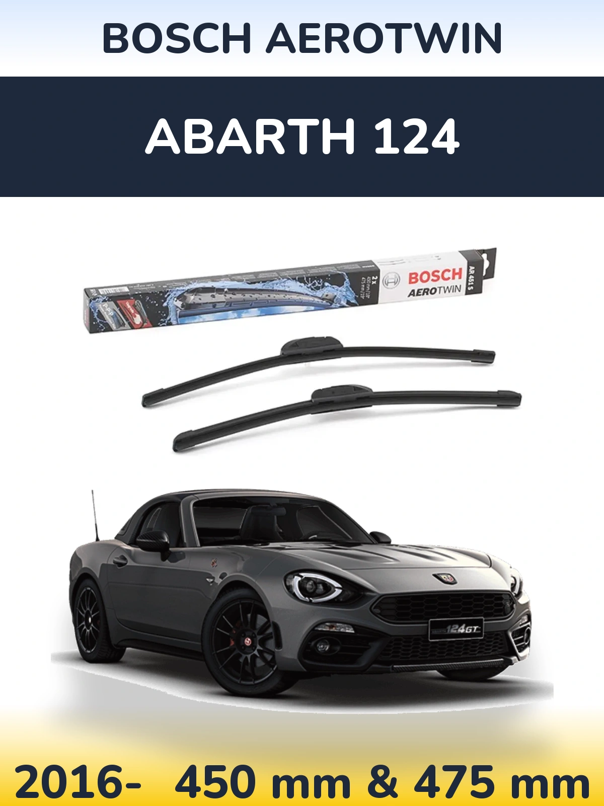 Front wiper blade set BOSCH AeroTwin 450 & 475 мм for Abarth 124 2016-2026