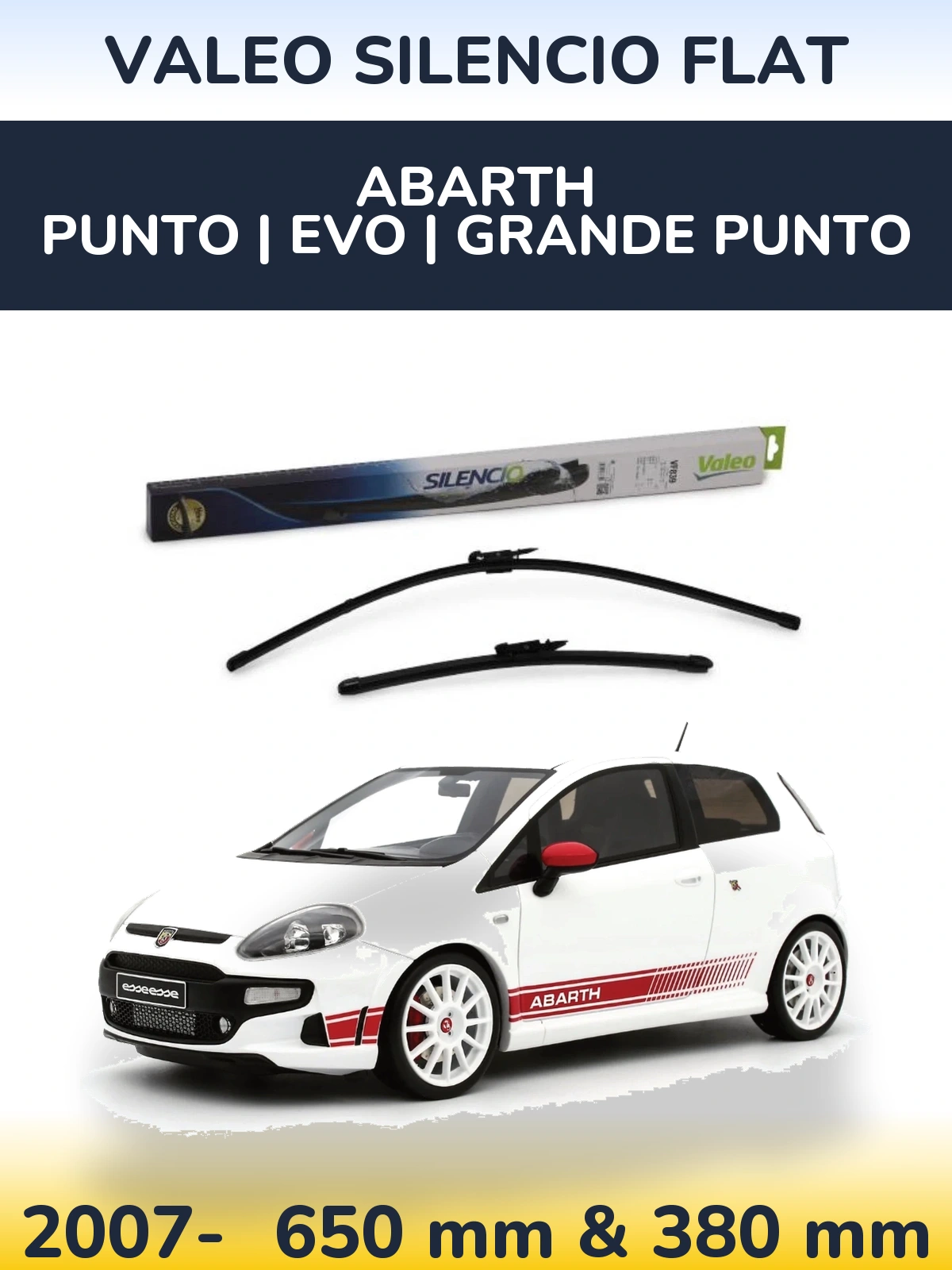 Komplet przednich wycieraczek Valeo Silencio Flat 650 & 380 mm do Abarth Punto | Evo | Grande Punto 2007-2026