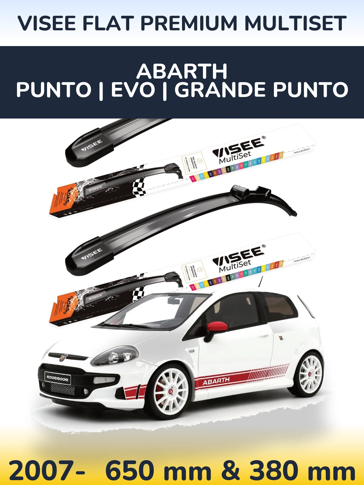 Комплект передніх щіток VISEE FLAT PREMIUM MultiSet 650 & 380 мм для Abarth Punto | Evo | Grande Punto 2007-2026