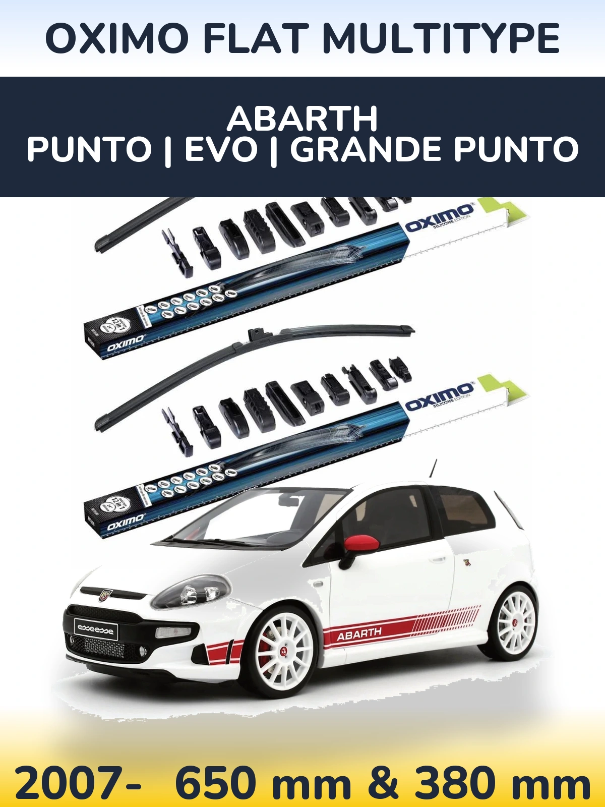 Комплект передних дворников Oximo Flat MultiТипe 650 & 380 мм для Abarth Punto | Evo | Grande Punto 2007-2026