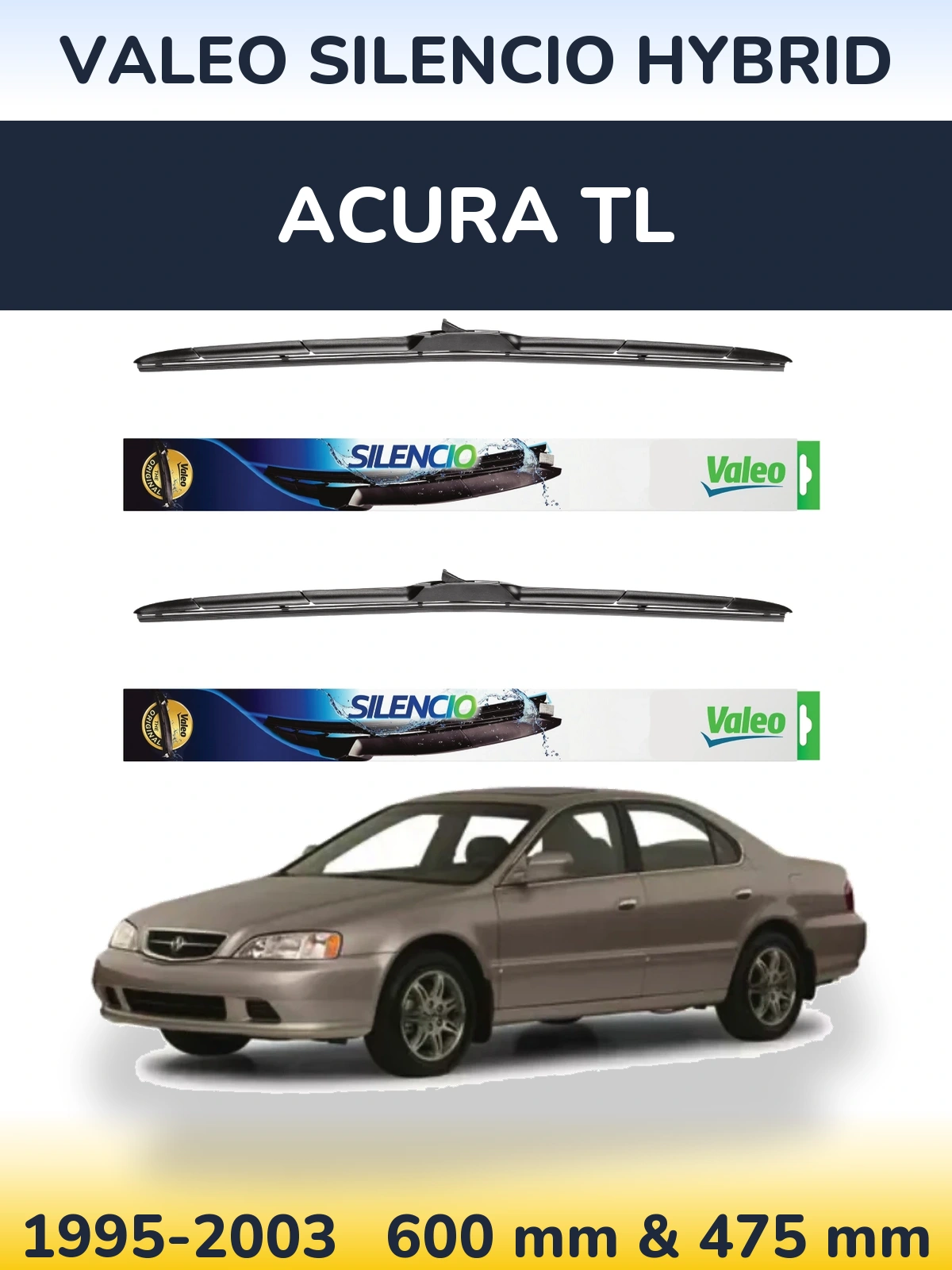 Front wiper blade set Valeo Silencio Hybrid 600 & 475 мм for Acura TL 1995-2003