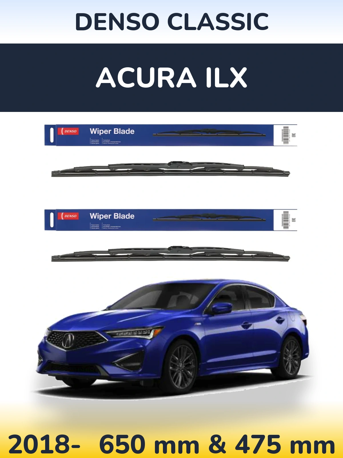 Front wiper blade set Denso Classic 650 & 475 mm for Acura ILX 2018-2026