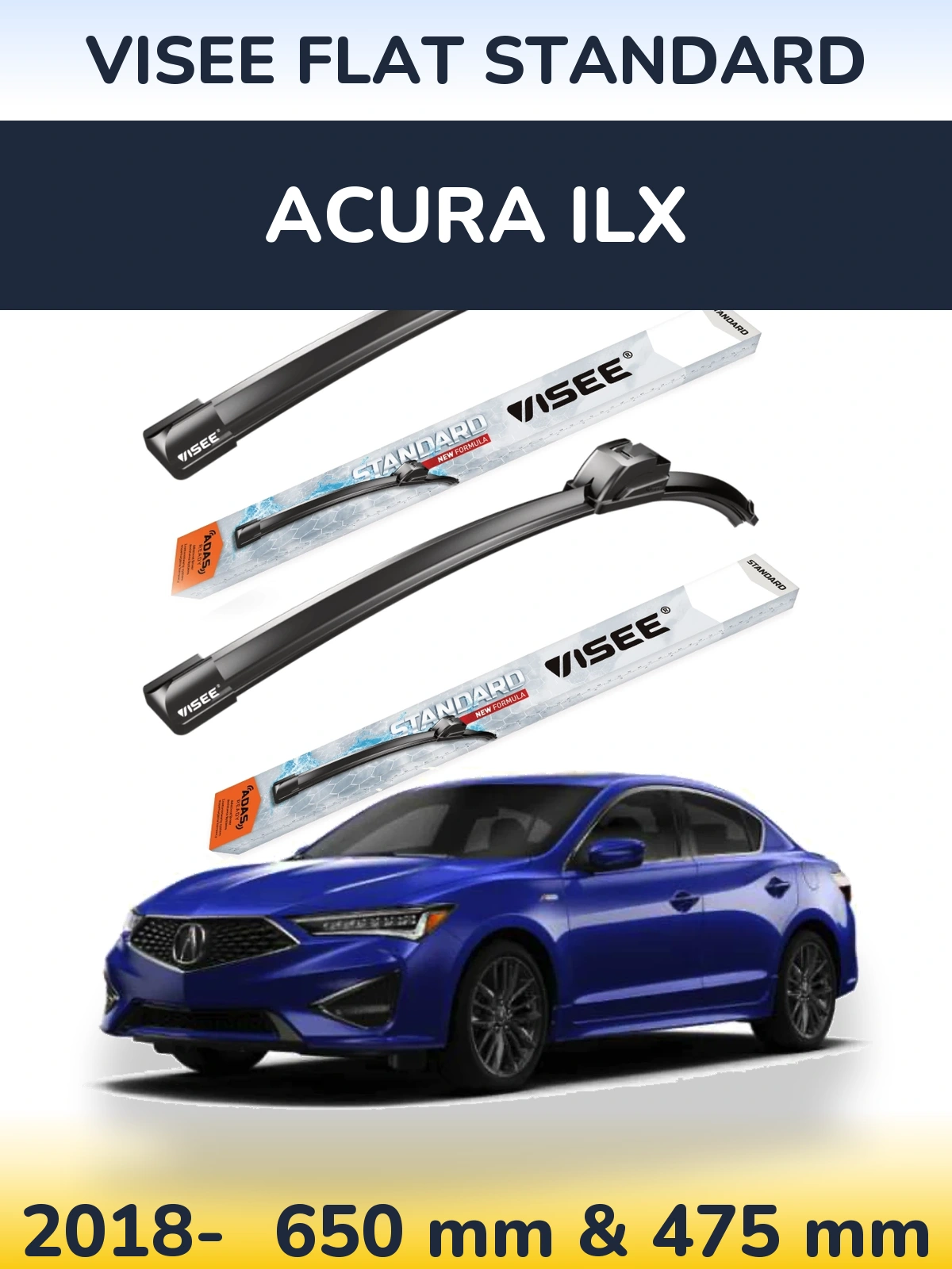 Комплект передних дворников VISEE FLAT STANDARD 650 & 475 мм для Acura ILX 2018-2026