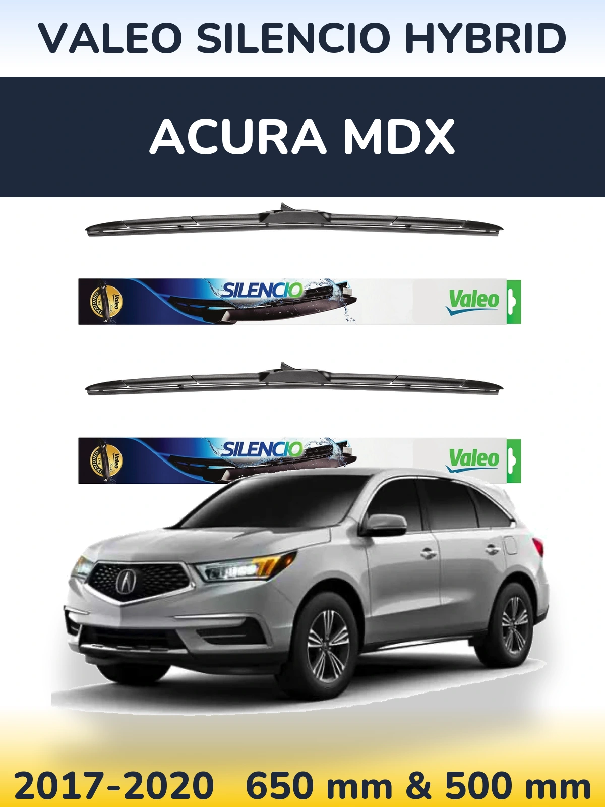 Komplet przednich wycieraczek Valeo Silencio Hybrid 650 & 500 mm do Acura MDX 2017-2020