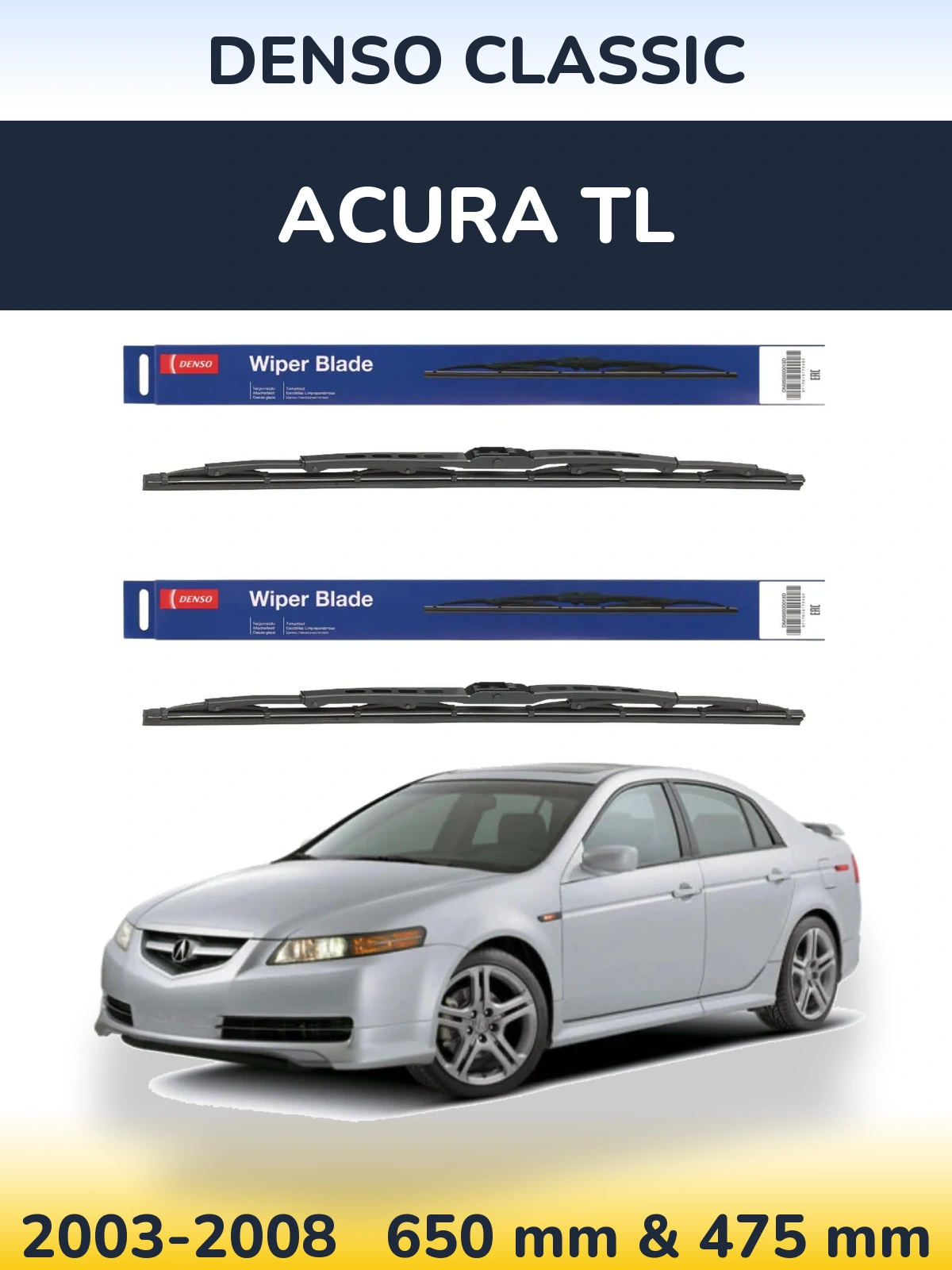 Front wiper blade set Denso Classic 650 & 475 mm for Acura TL 2003-2008