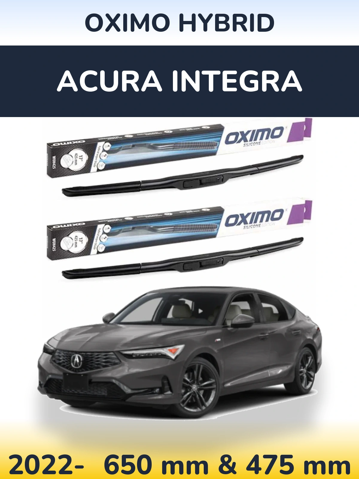Комплект передних дворников Oximo Hybrid 650 & 475 мм для Acura Integra 2022-2026