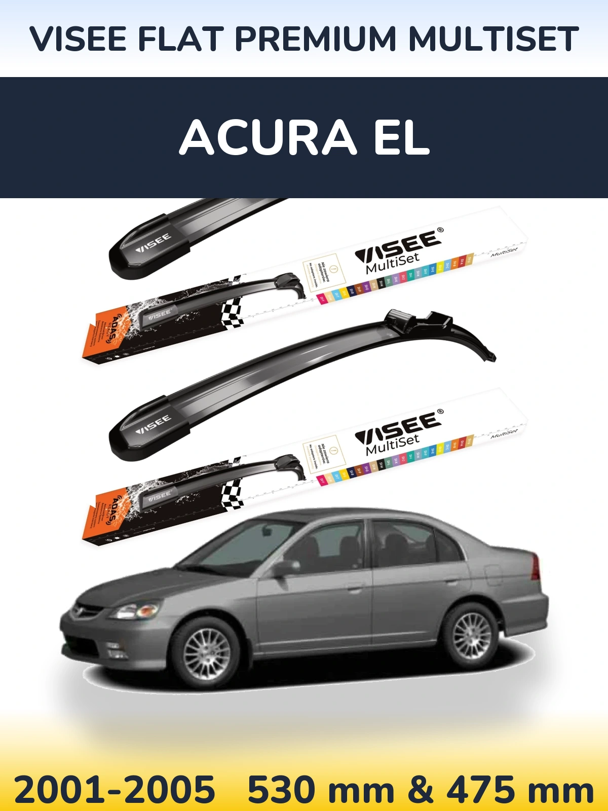 Комплект передних дворников VISEE FLAT PREMIUM MultiSet 530 & 475 мм для Acura EL 2001-2005