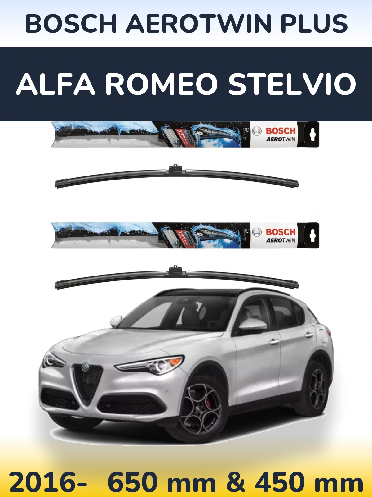 Komplet przednich wycieraczek BOSCH AeroTwin Plus 650 & 450 mm do Alfa Romeo Stelvio 2016-2026
