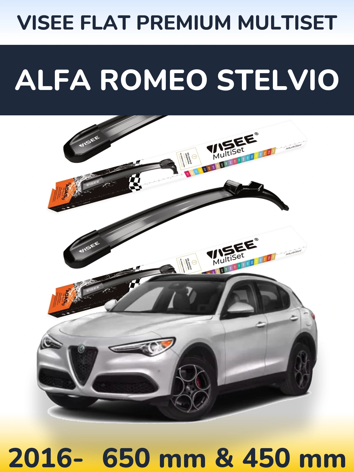 Комплект передних дворников VISEE FLAT PREMIUM MultiSet 650 & 450 мм для Alfa Romeo Stelvio 2016-2026