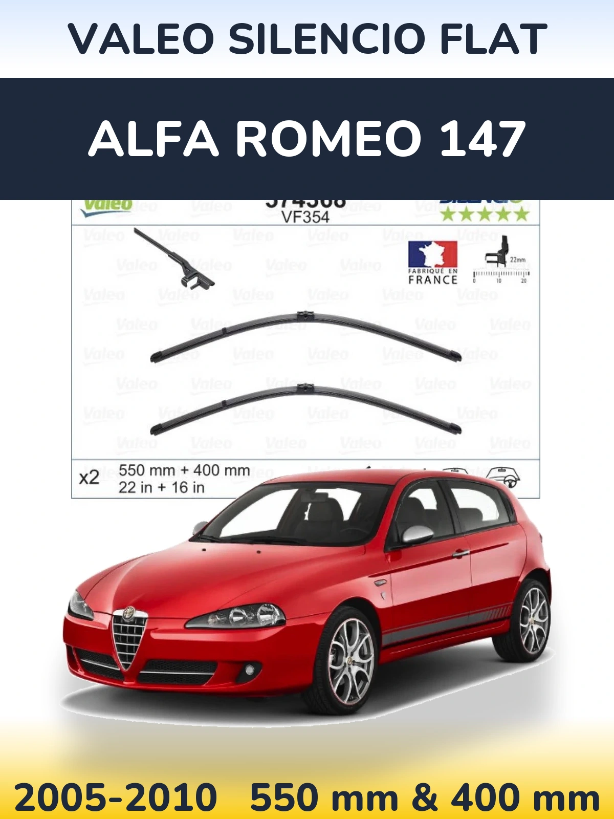 Front wiper blade set Valeo Silencio Flat 550 & 400 мм for Alfa Romeo 147 2005-2010