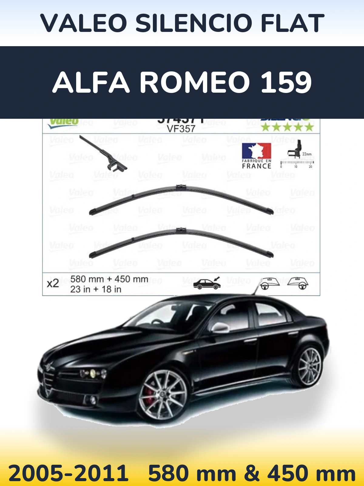 Front wiper blade set Valeo Silencio Flat 580 & 450 мм for Alfa Romeo 159 2005-2011