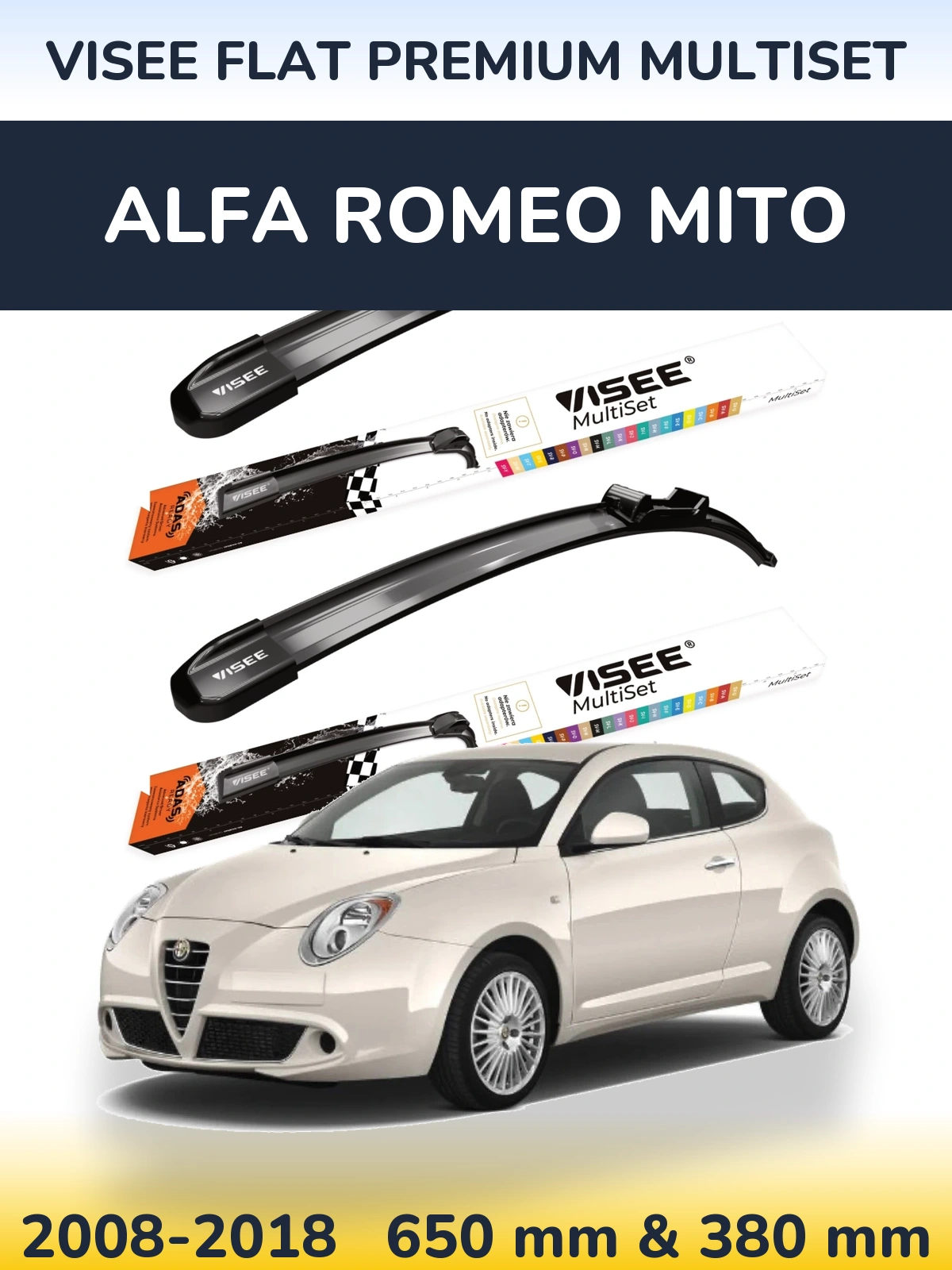 Front wiper blade set VISEE FLAT PREMIUM MultiSet 650 & 380 мм for Alfa Romeo MiTo 2008-2018