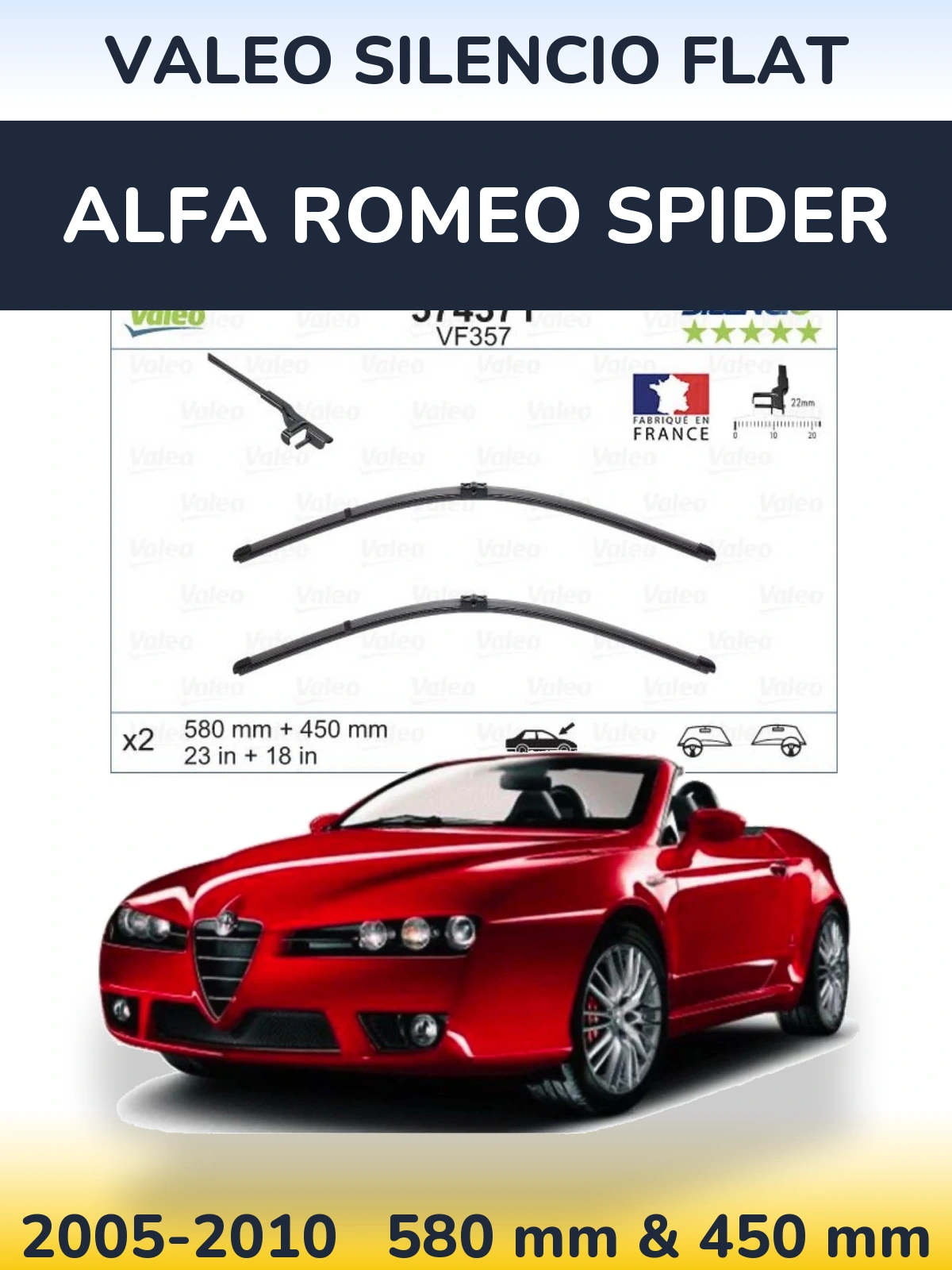 Комплект передніх щіток Valeo Silencio Flat 580 & 450 мм для Alfa Romeo Spider 2005-2010