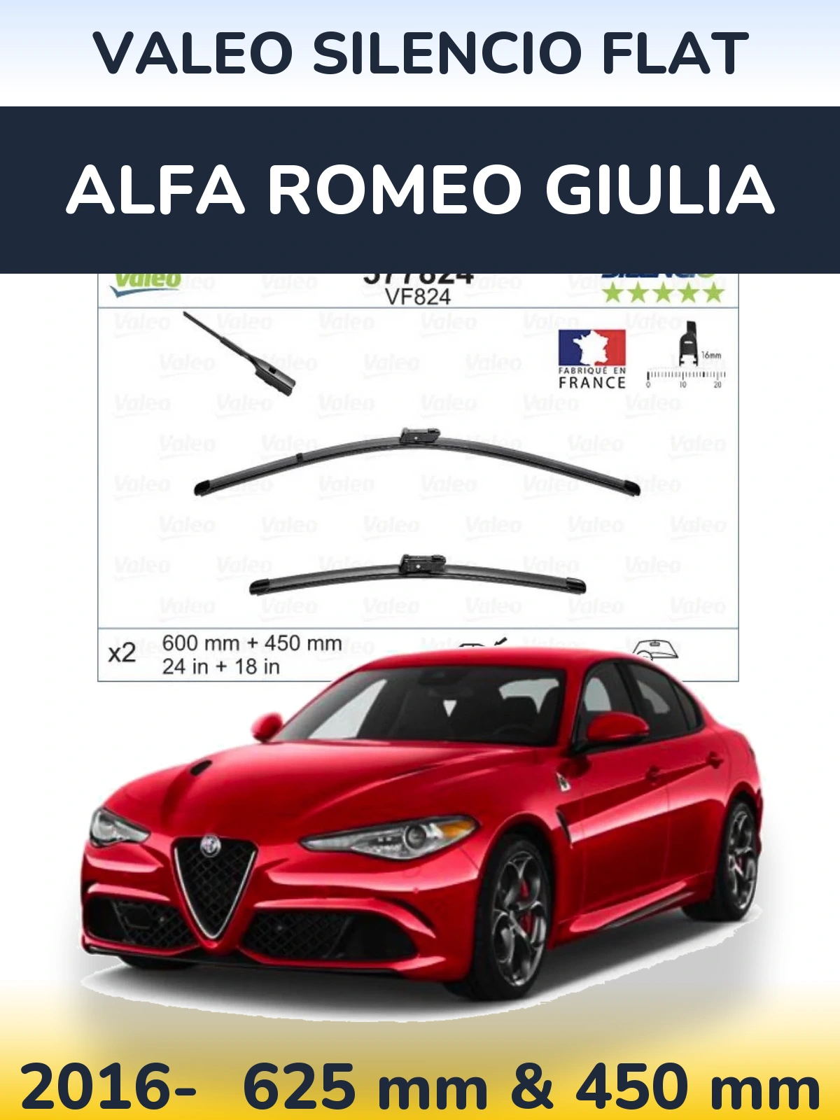 Komplet przednich wycieraczek Valeo Silencio Flat 600 & 450 mm do Alfa Romeo Giulia 2016-2026