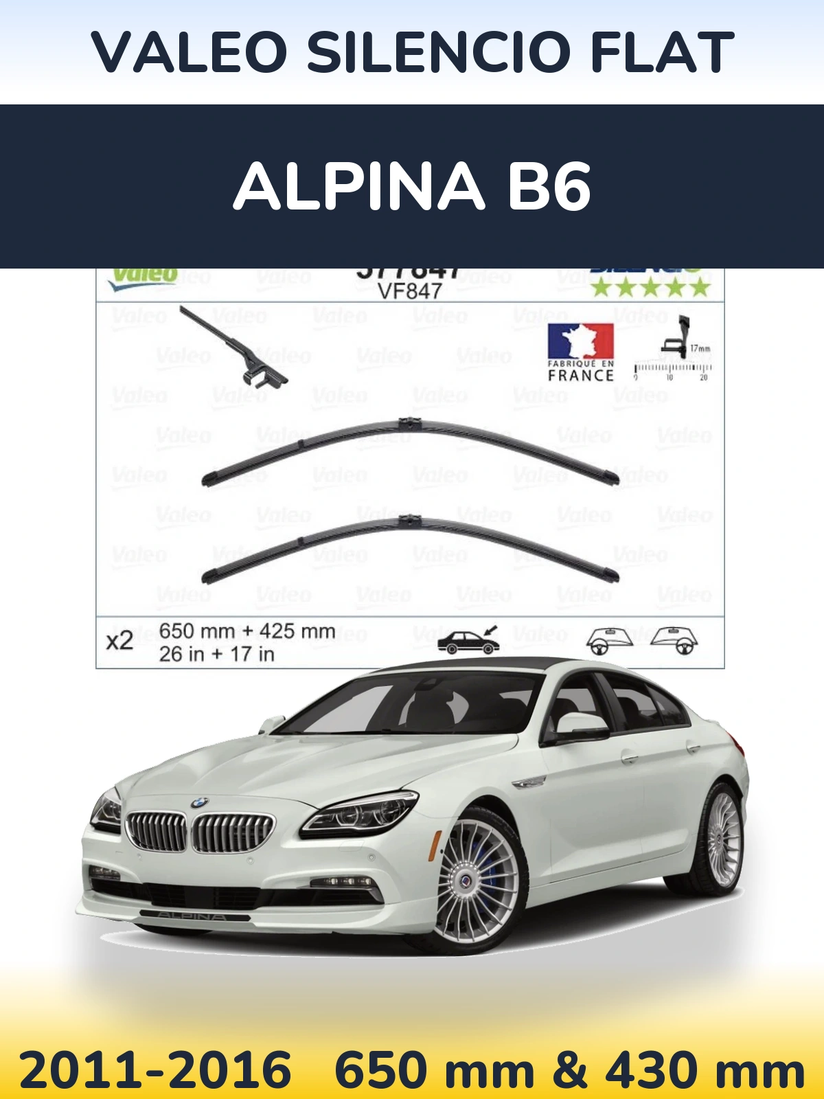 Komplet przednich wycieraczek Valeo Silencio Flat 650 & 430 mm do Alpina B6 2011-2016