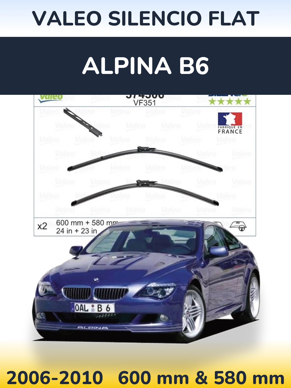 Komplet przednich wycieraczek Valeo Silencio Flat 600 & 580 mm do Alpina B6 2006-2010