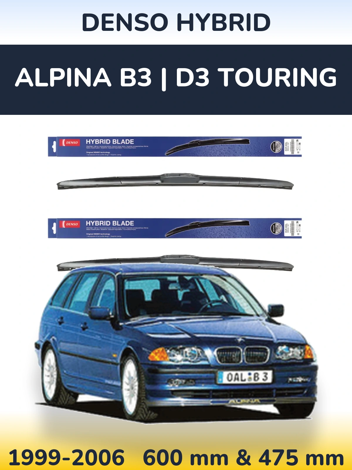 Front wiper blade set Denso Hybrid 600 & 475 мм for Alpina B3 | D3 Touring 1999-2006