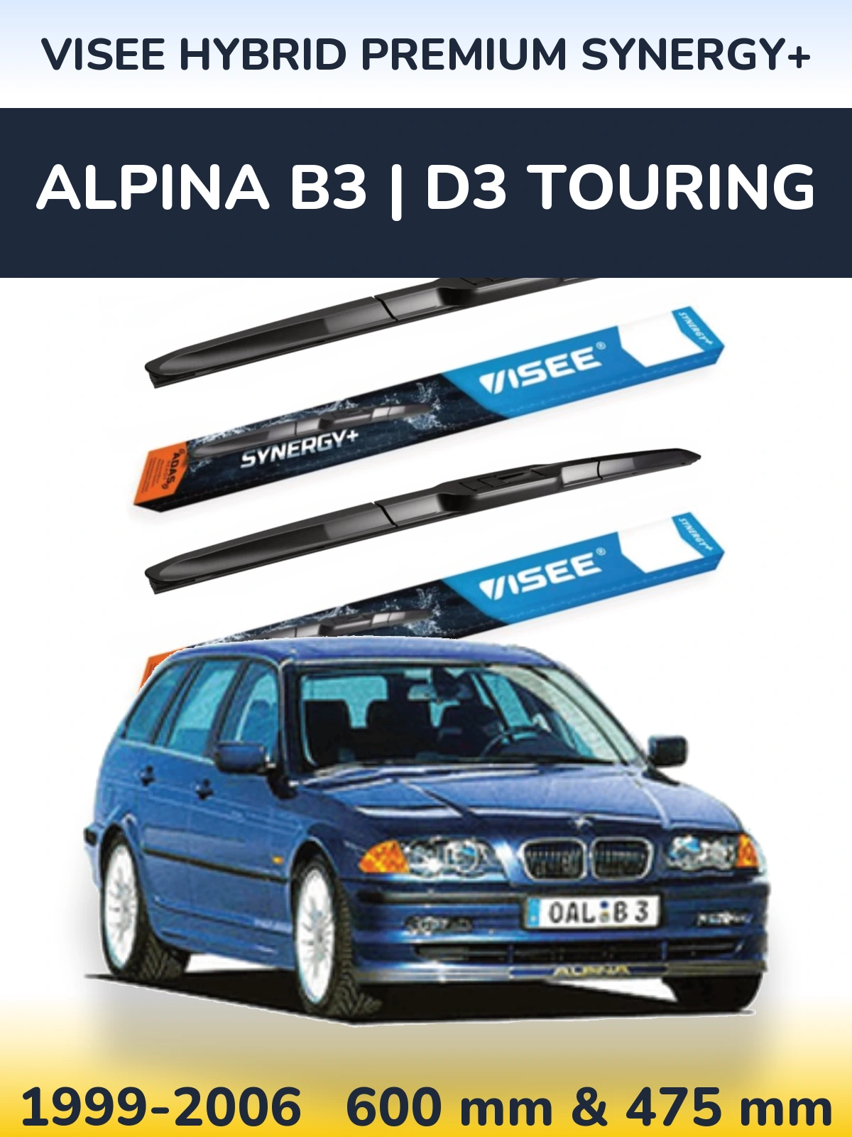 Front wiper blade set VISEE HYBRID PREMIUM SYNERGY+ 600 & 475 mm for Alpina B3 | D3 Touring 1999-2006