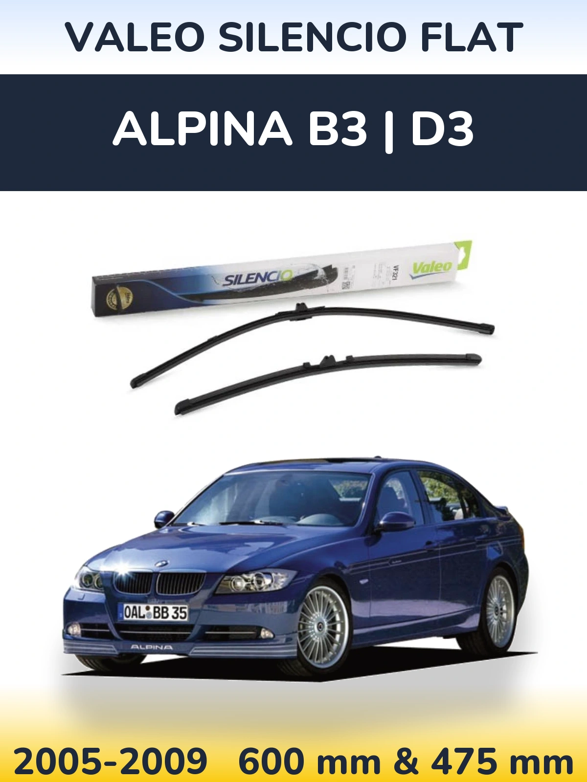 Front wiper blade set Valeo Silencio Flat 600 & 475 mm for Alpina B3 | D3 2005-2009
