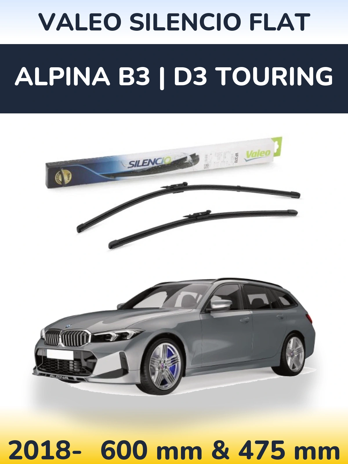 Front wiper blade set Valeo Silencio Flat 600 & 475 mm for Alpina B3 | D3 Touring 2018-2026