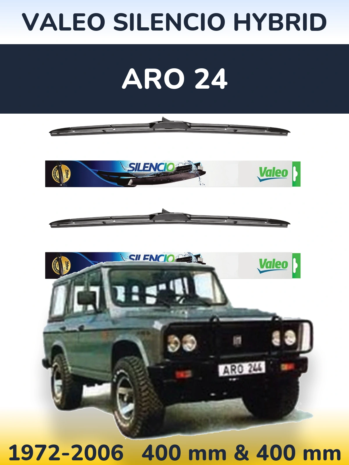Front wiper blade set Valeo Silencio Hybrid 400 & 400 мм for ARO 24 1972-2006