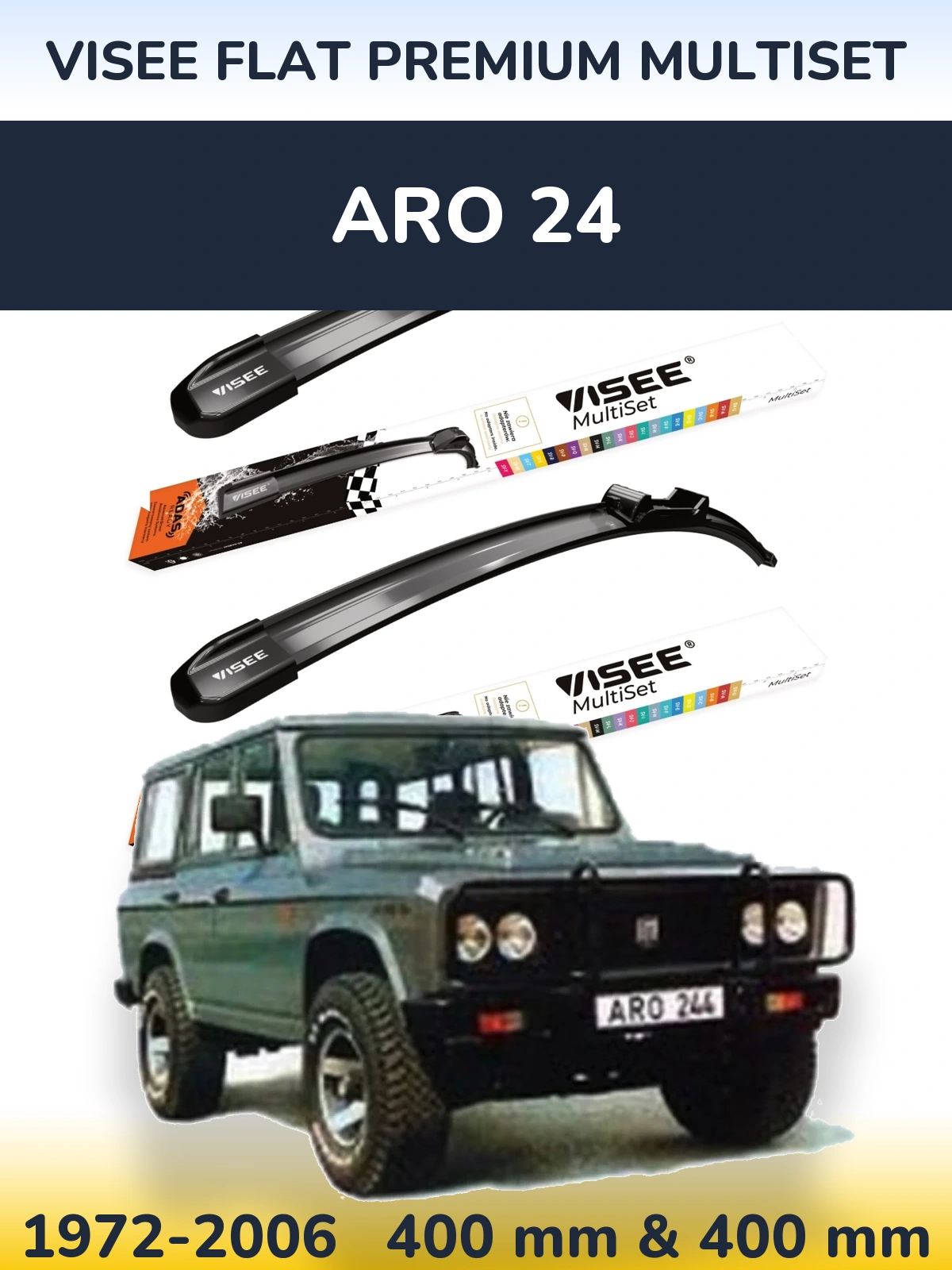 Front wiper blade set VISEE FLAT PREMIUM MultiSet 400 & 400 mm for ARO 24 1972-2006