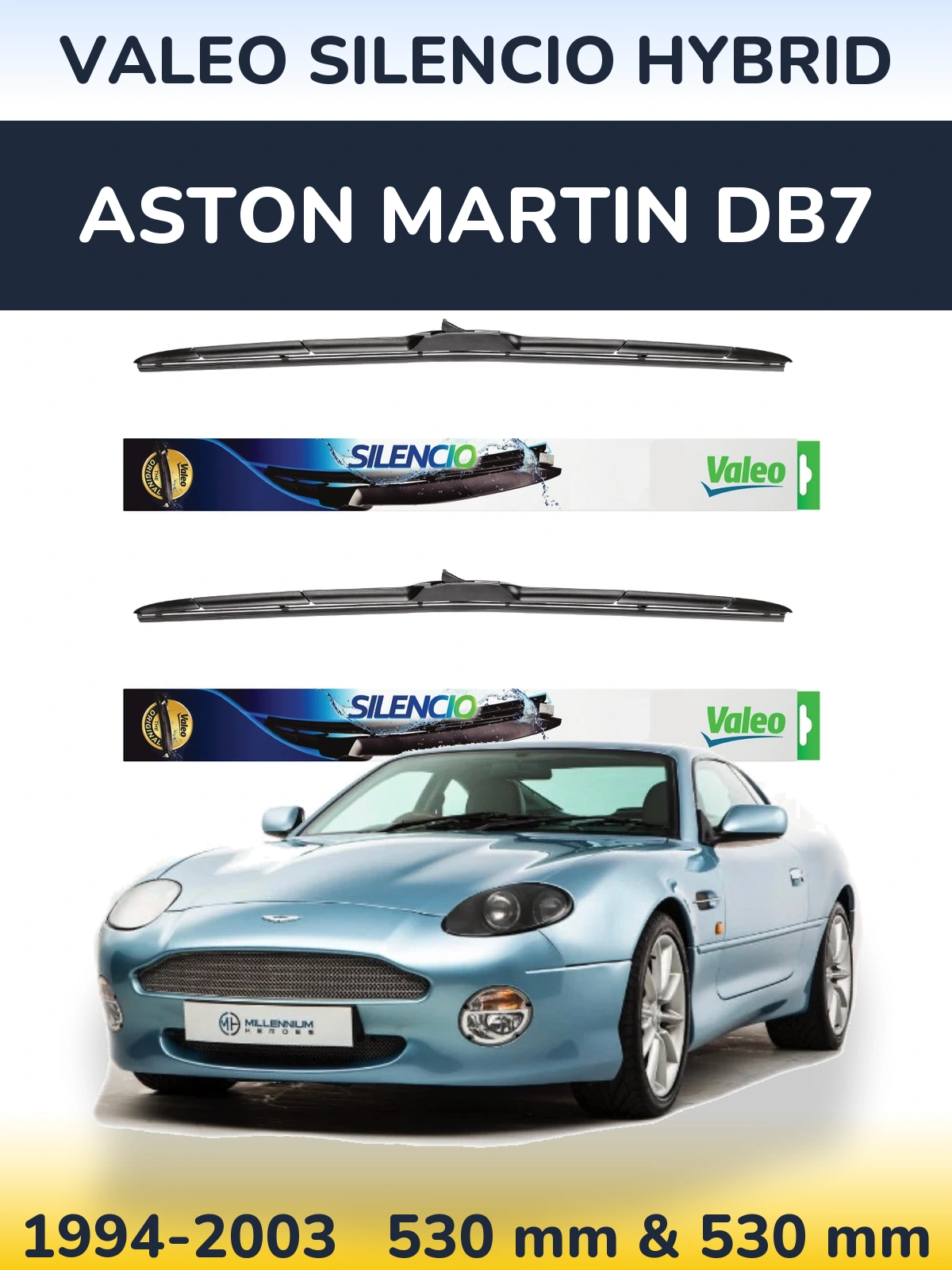 Front wiper blade set Valeo Silencio Hybrid 530 & 530 мм for Aston Martin DB7 1994-2003