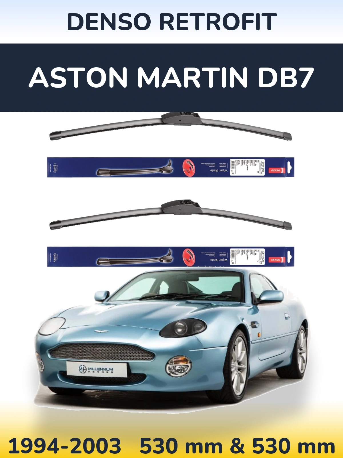 Front wiper blade set Denso Retrofit 530 & 530 mm for Aston Martin DB7 1994-2003