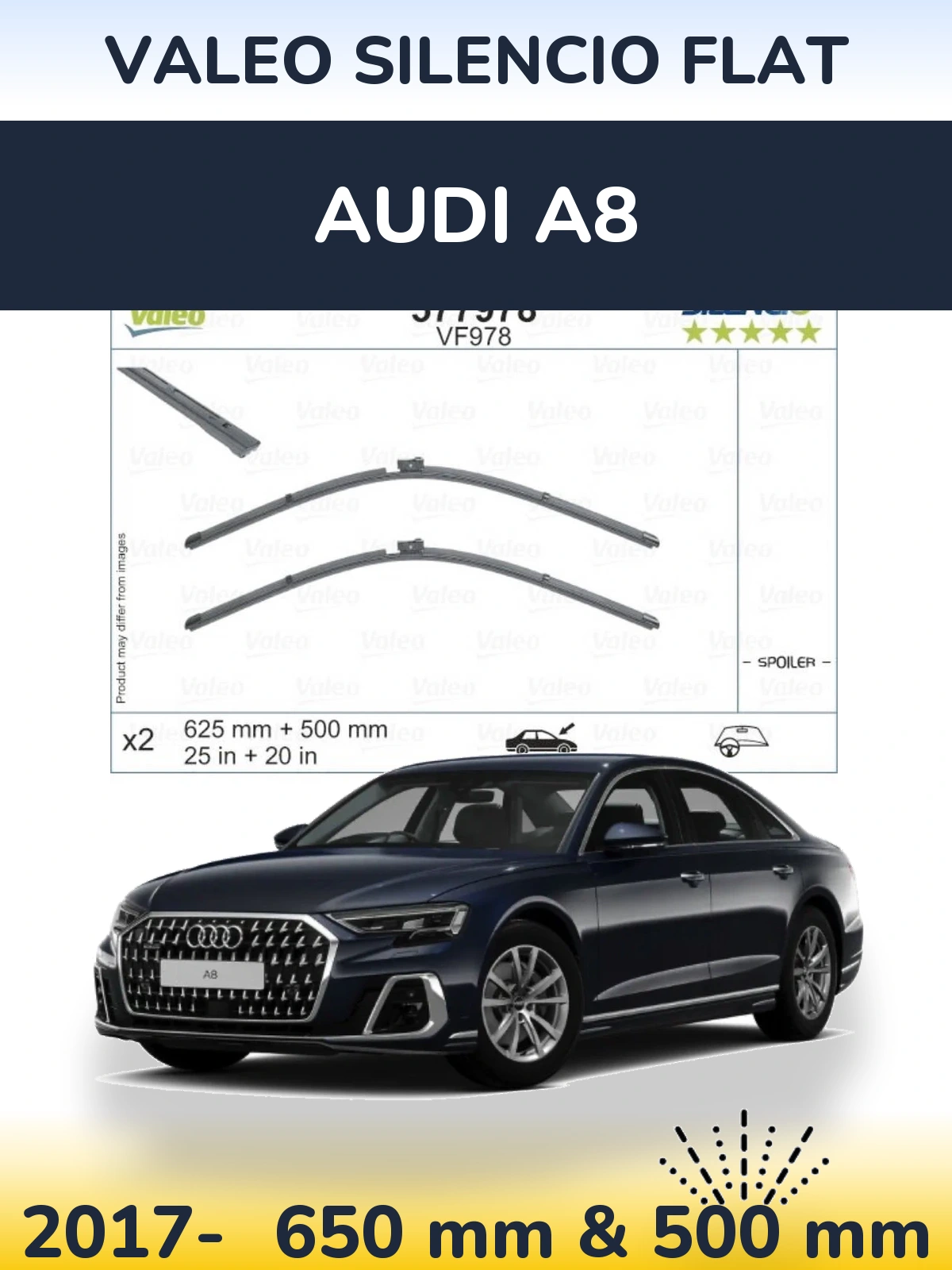Front wiper blade set Valeo Silencio Flat 625 & 500 mm for Audi A8 2017-2026