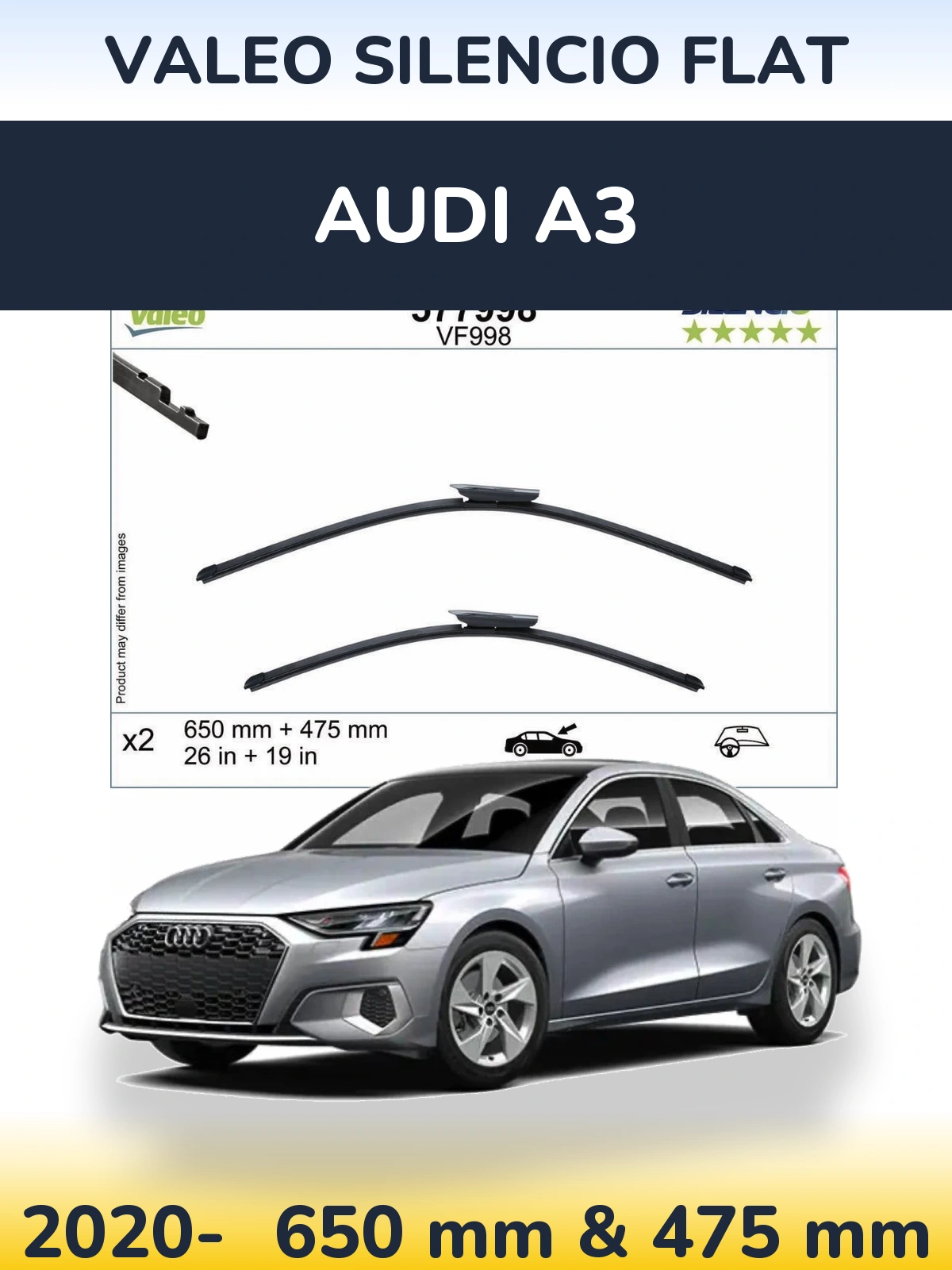 Front wiper blade set Valeo Silencio Flat 650 & 475 mm for Audi A3 2020-2026