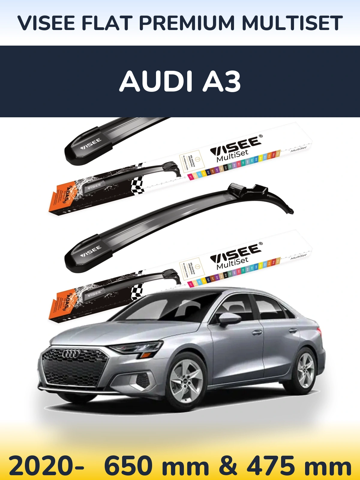 Front wiper blade set VISEE FLAT PREMIUM MultiSet 650 & 475 мм for Audi A3 2020-2026