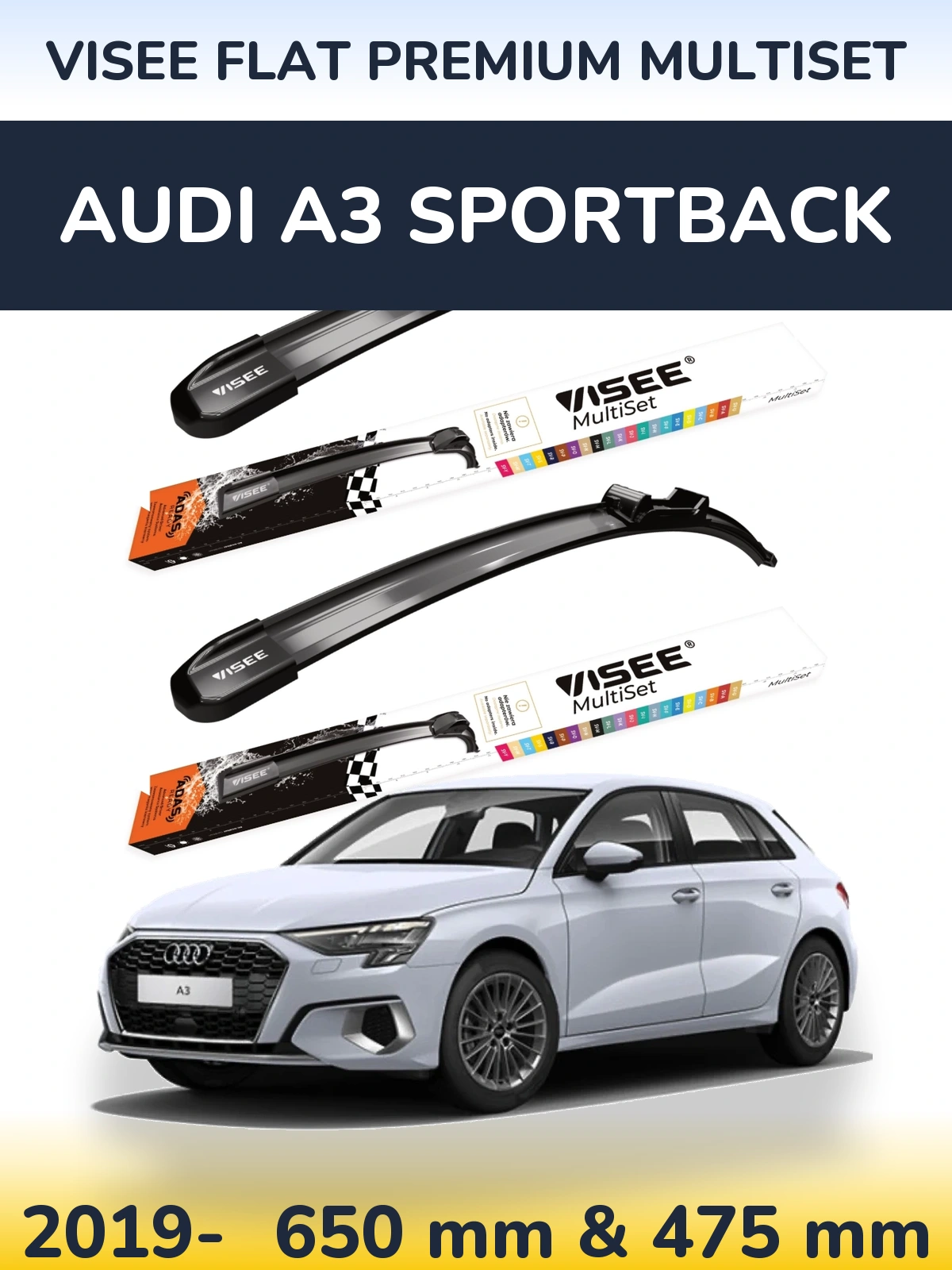 Front wiper blade set VISEE FLAT PREMIUM MultiSet 650 & 475 мм for Audi A3 Sportback 2019-2026