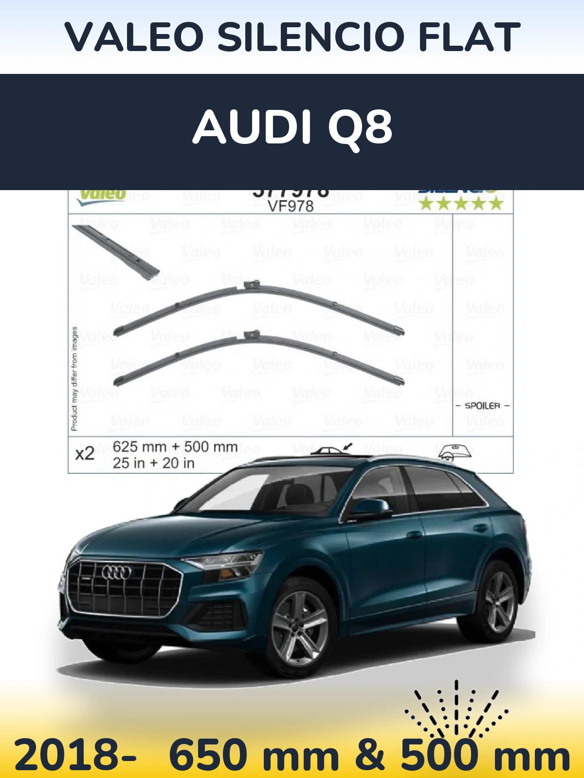 Front wiper blade set Valeo Silencio Flat 625 & 500 мм for Audi Q8 2018-2026
