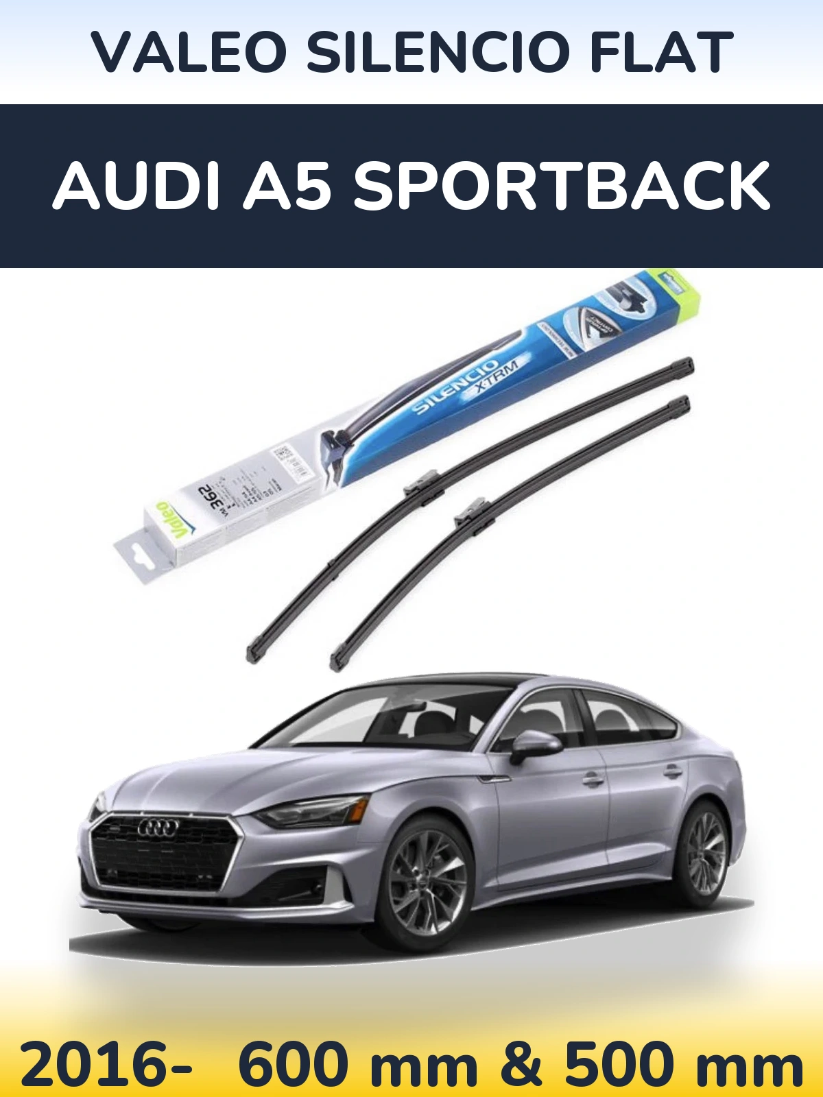 Front wiper blade set Valeo Silencio Flat 600 & 500 mm for Audi A5 Sportback 2016-2026