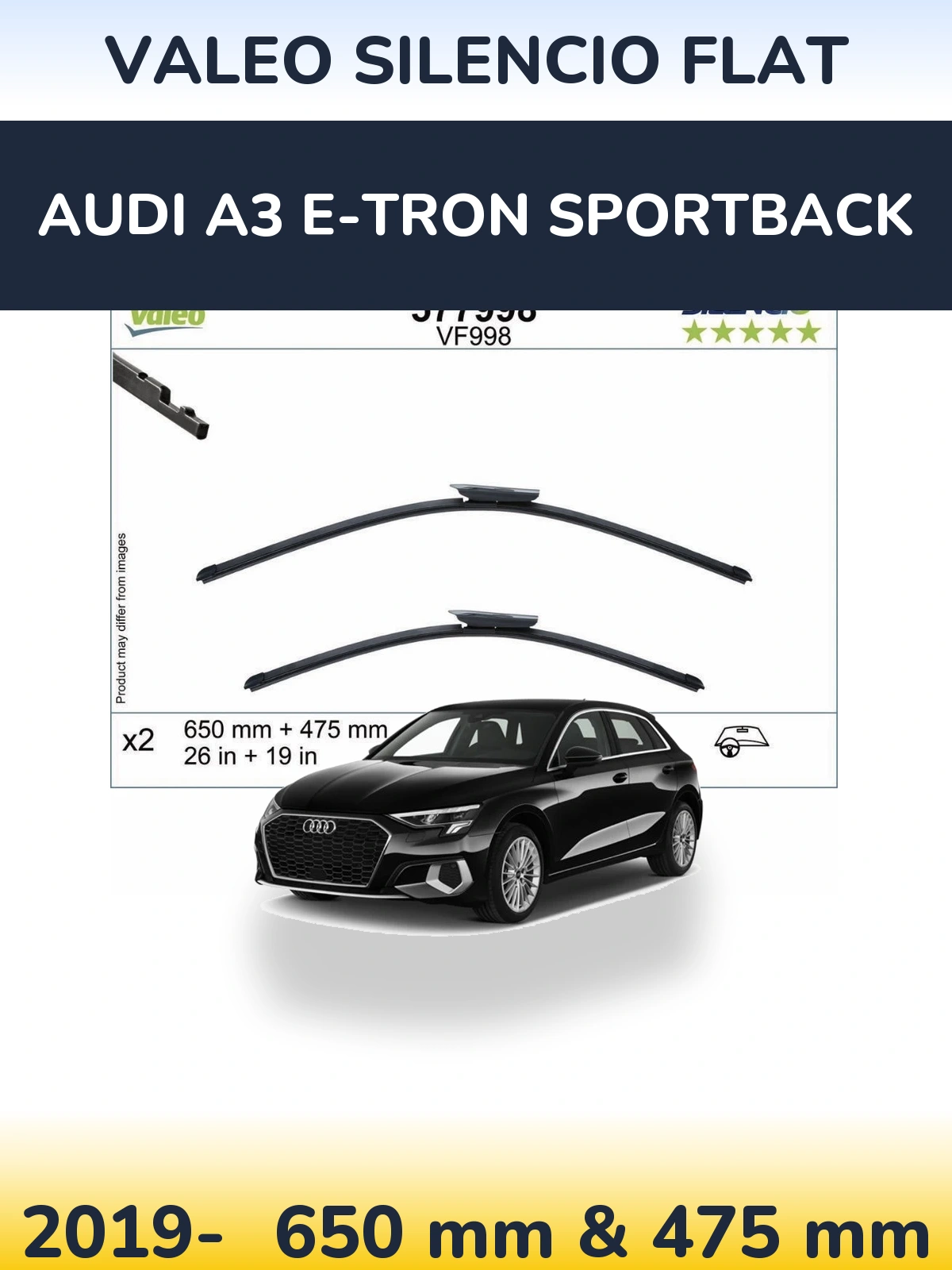 Комплект передніх щіток Valeo Silencio Flat 650 & 475 мм для Audi A3 e-tron Sportback 2019-2026