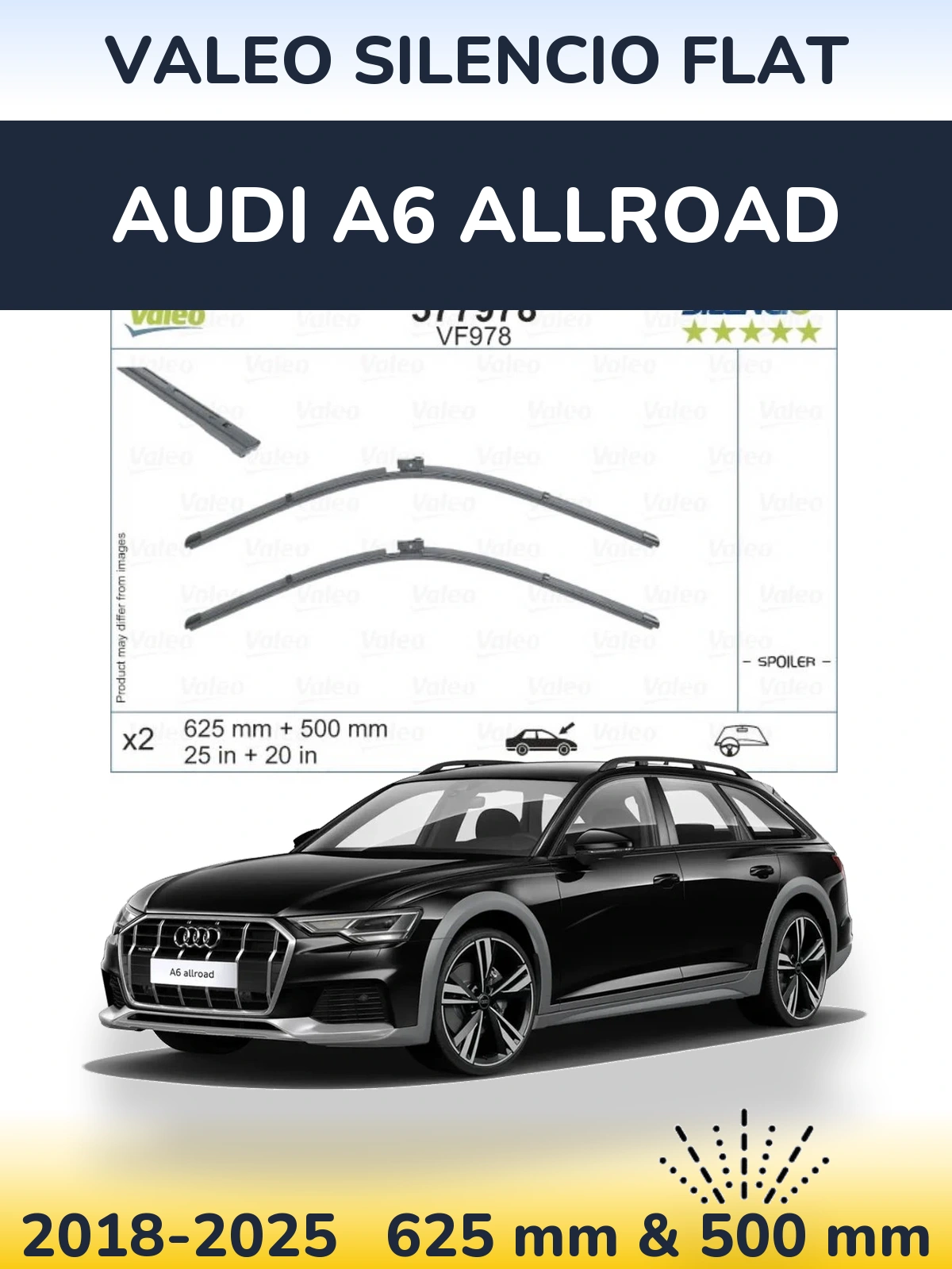 Комплект передних дворников Valeo Silencio Flat 625 & 500 мм для Audi A6 Allroad 2018-2025