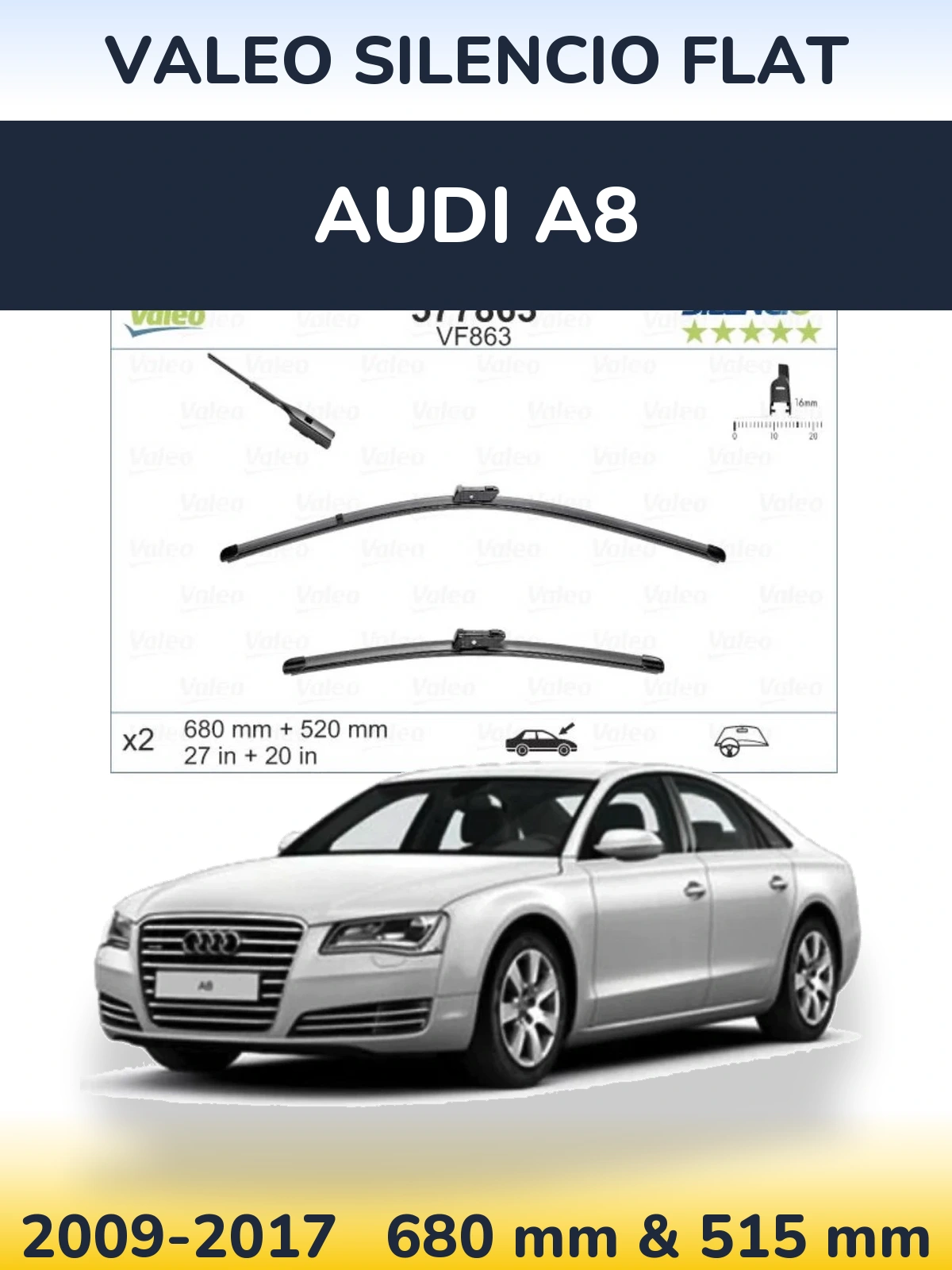 Front wiper blade set Valeo Silencio Flat 680 & 520 мм for Audi A8 2009-2017