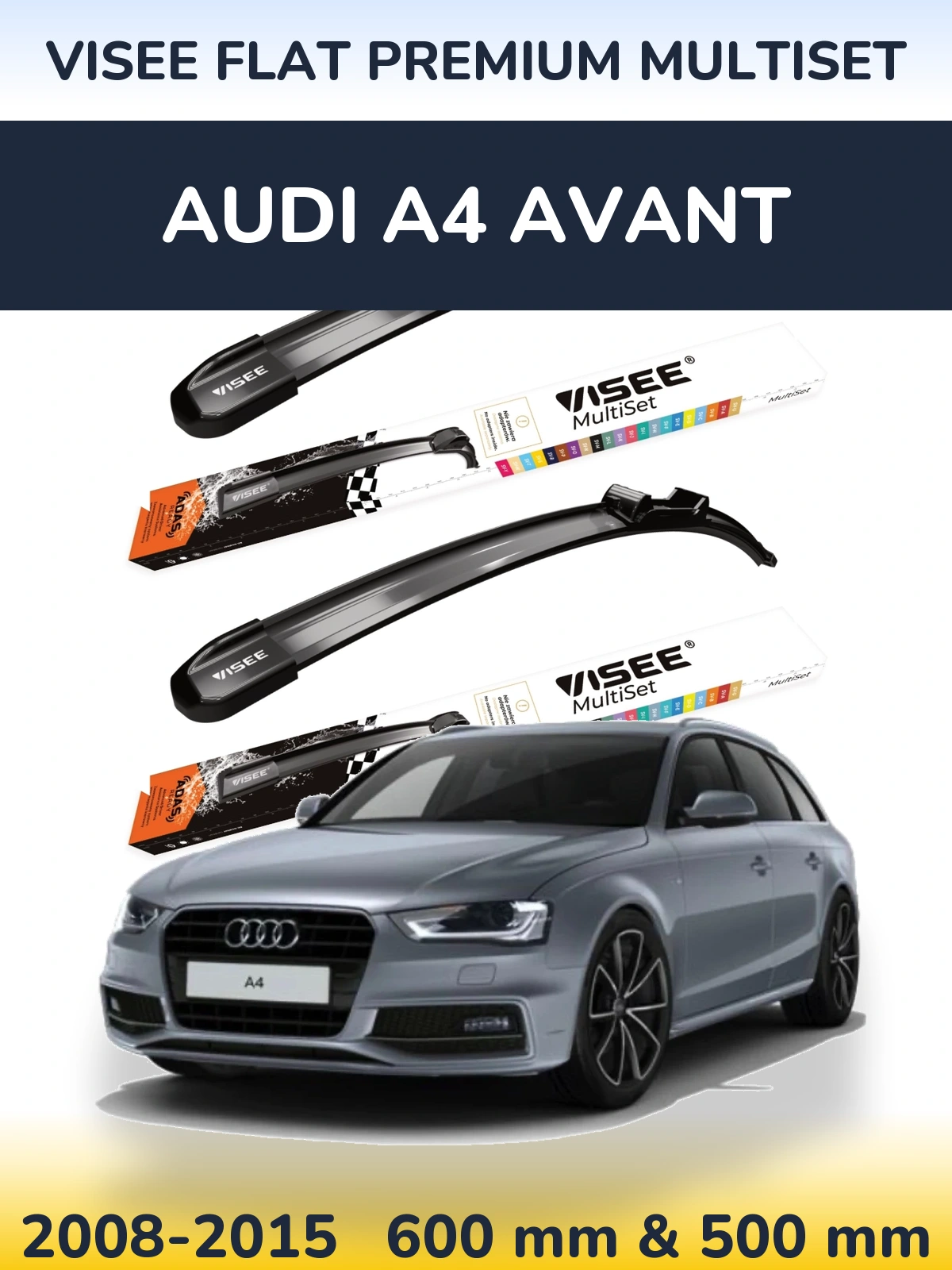 Комплект передніх щіток VISEE FLAT PREMIUM MultiSet 600 & 500 мм для Audi A4 Avant 2008-2015