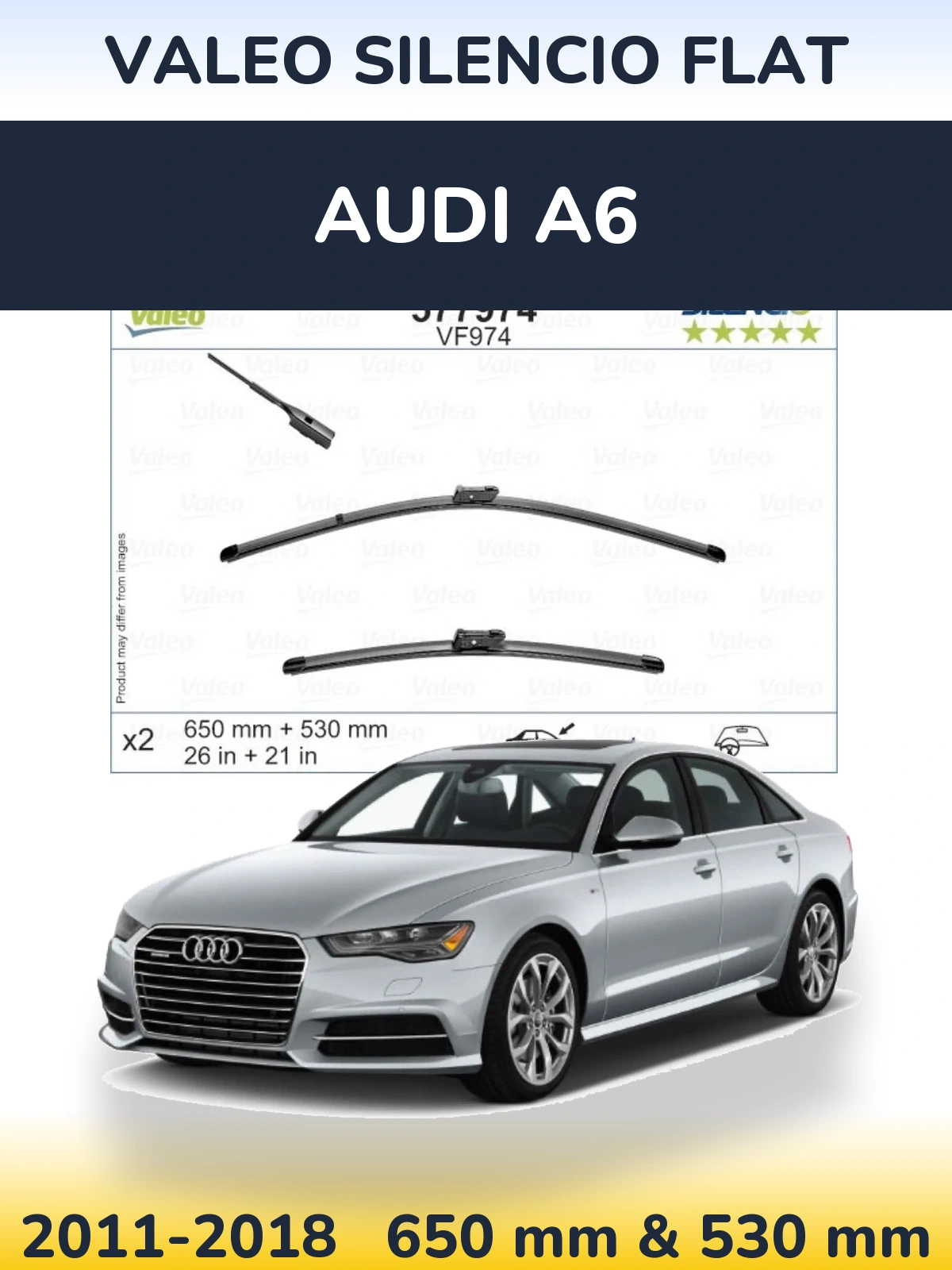 Front wiper blade set Valeo Silencio Flat 650 & 530 mm for Audi A6 2011-2018