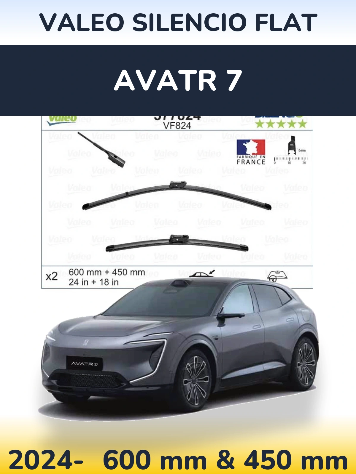 Front wiper blade set Valeo Silencio Flat 600 & 450 mm for Avatr 7 2024-2026