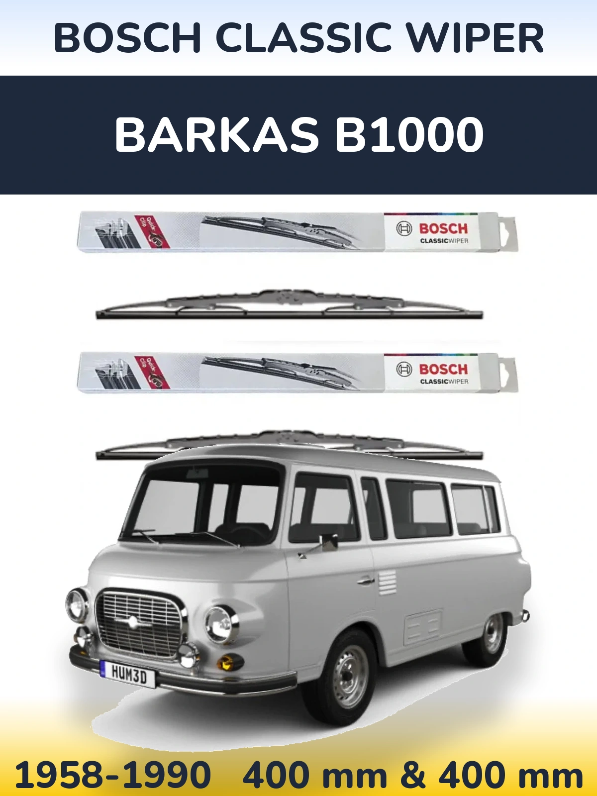 Front wiper blade set BOSCH Classic Wiper 400 & 400 mm for Barkas B1000 1958-1990