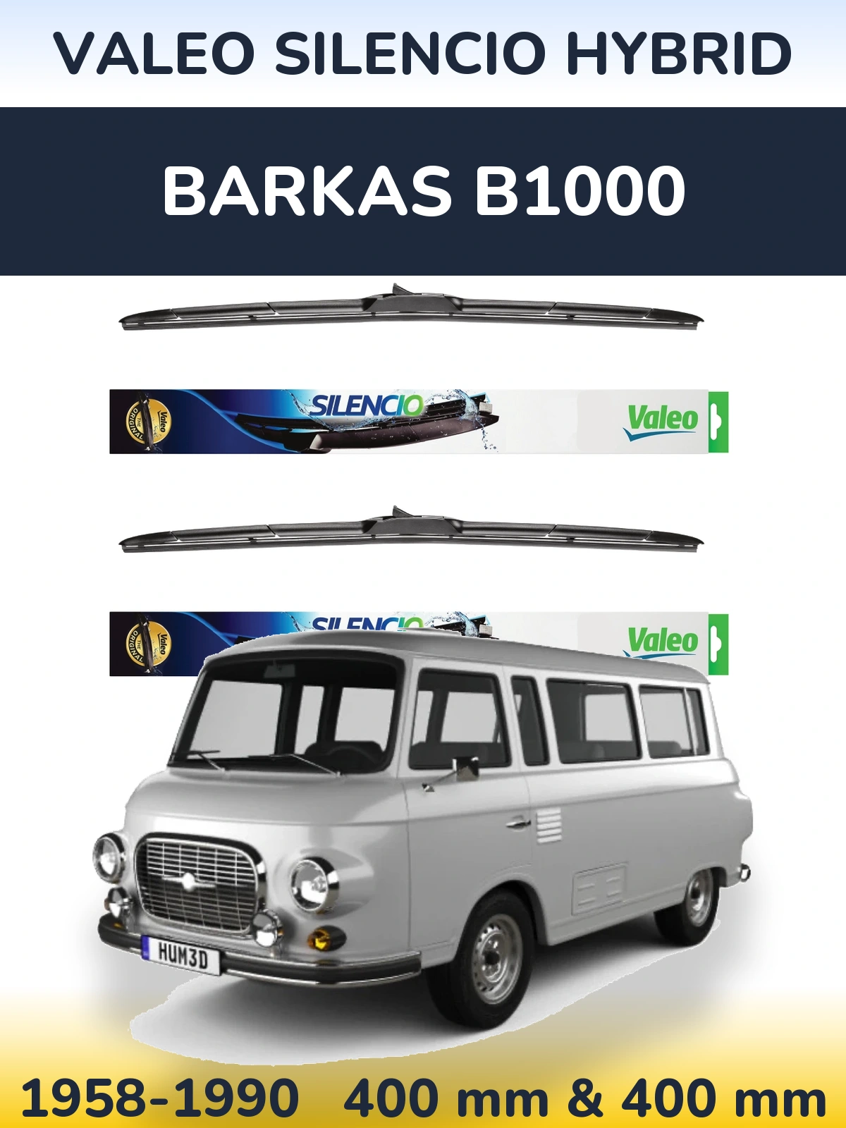 Front wiper blade set Valeo Silencio Hybrid 400 & 400 mm for Barkas B1000 1958-1990