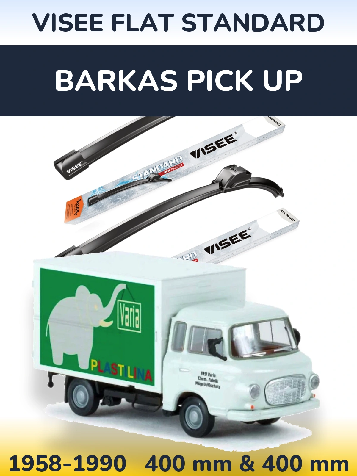 Komplet przednich wycieraczek VISEE FLAT STANDARD 400 & 400 mm do Barkas Pick Up 1958-1990