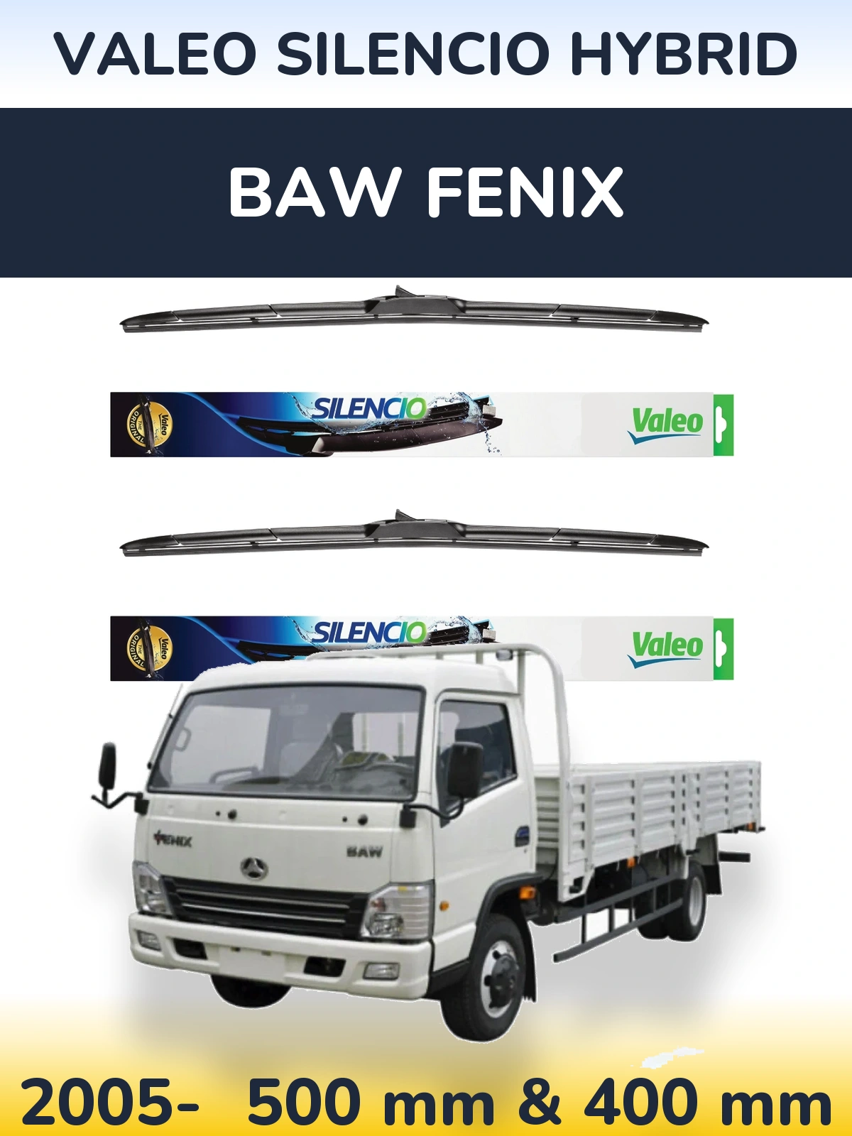 Комплект передних дворников Valeo Silencio Hybrid 500 & 400 мм для BAW Fenix 2005-2026