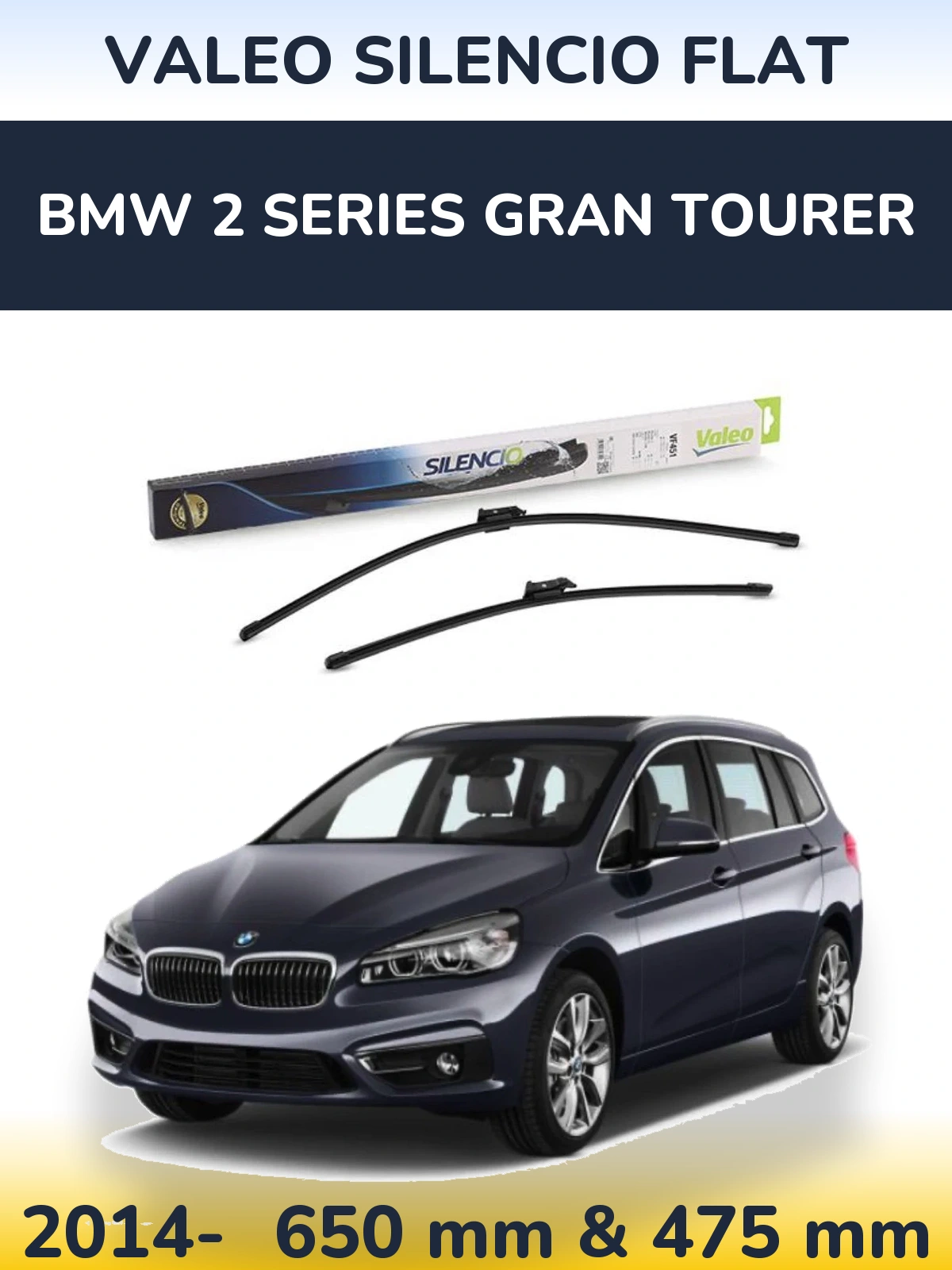 Комплект передніх щіток Valeo Silencio Flat 650 & 475 мм для BMW 2 Series Gran Tourer 2014-2026