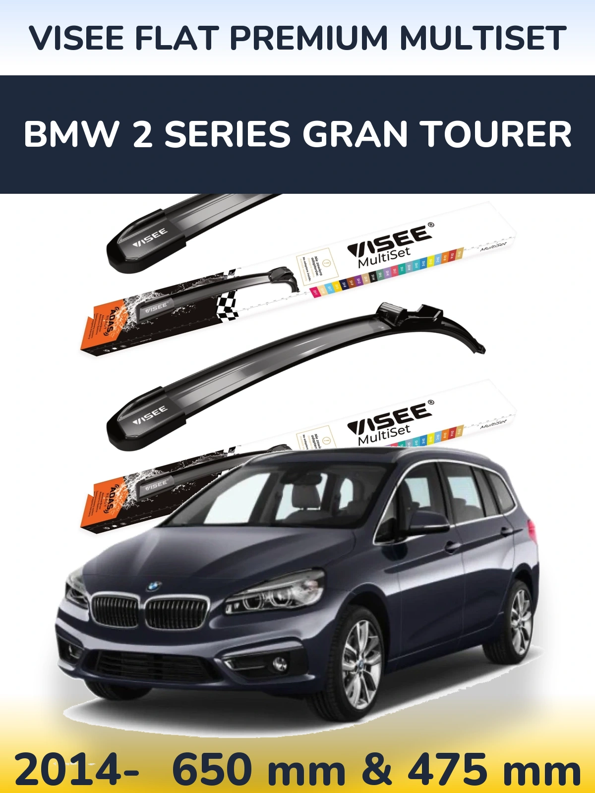 Front wiper blade set VISEE FLAT PREMIUM MultiSet 650 & 475 мм for BMW 2 Series Gran Tourer 2014-2026