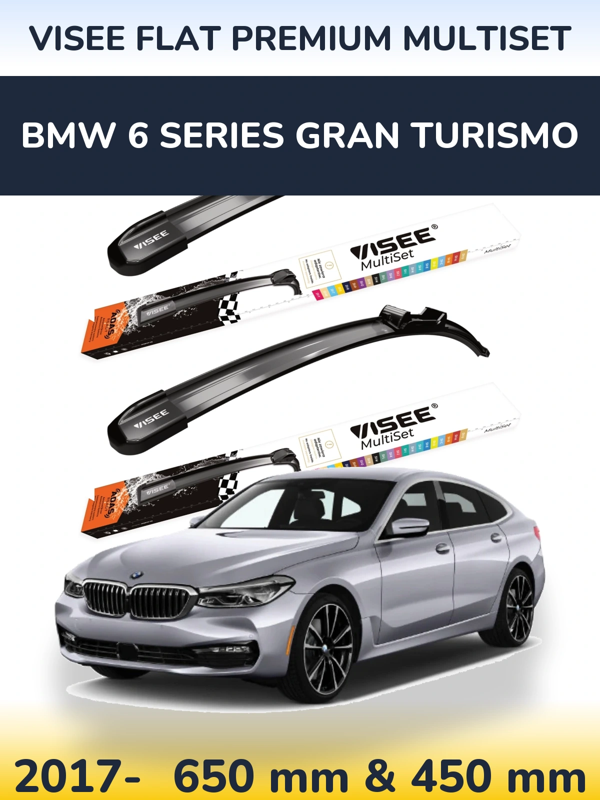 Front wiper blade set VISEE FLAT PREMIUM MultiSet 650 & 450 mm for BMW 6 Series Gran Turismo 2017-2026