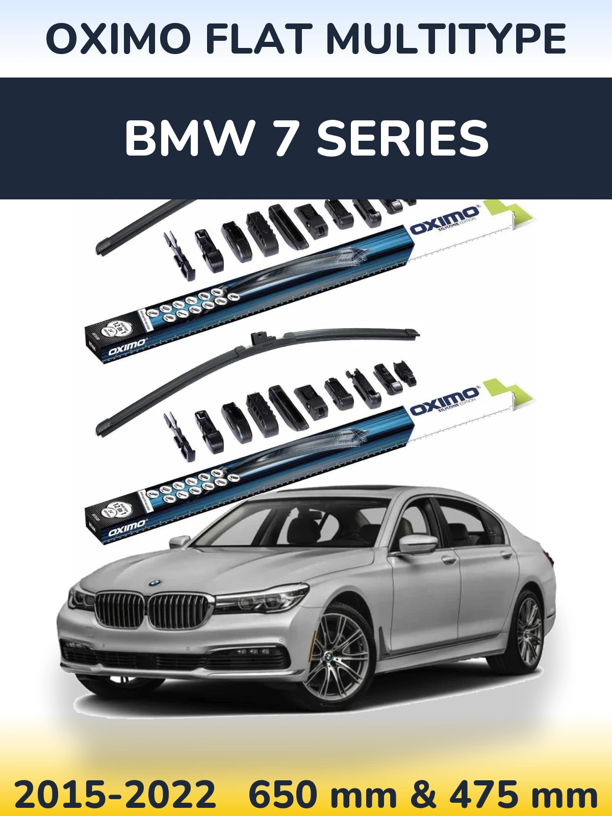 Front wiper blade set Oximo Flat MultiTypee 650 & 475 mm for BMW 7 Series 2015-2022