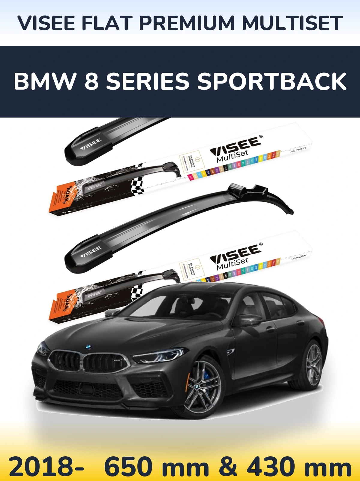 Komplet przednich wycieraczek VISEE FLAT PREMIUM MultiSet 650 & 430 mm do BMW Seria 8 Sportback 2018-2026