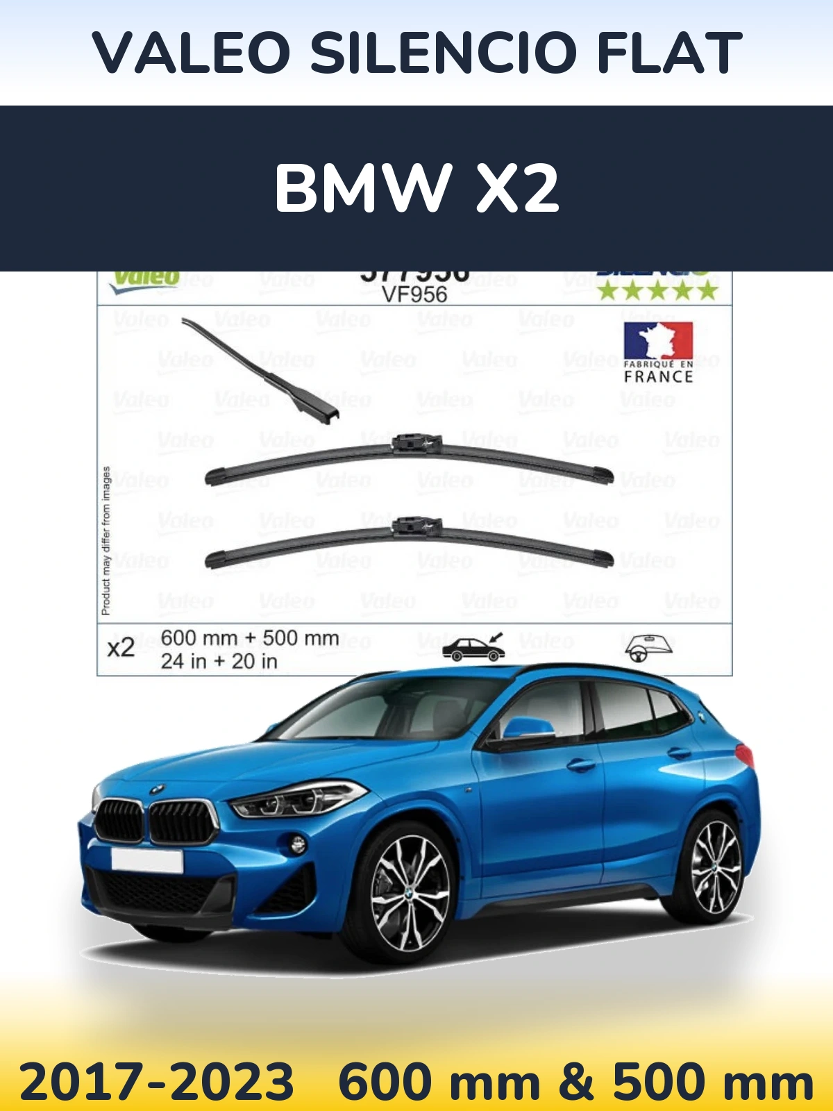 Front wiper blade set Valeo Silencio Flat 600 & 500 mm for BMW X2 2017-2023